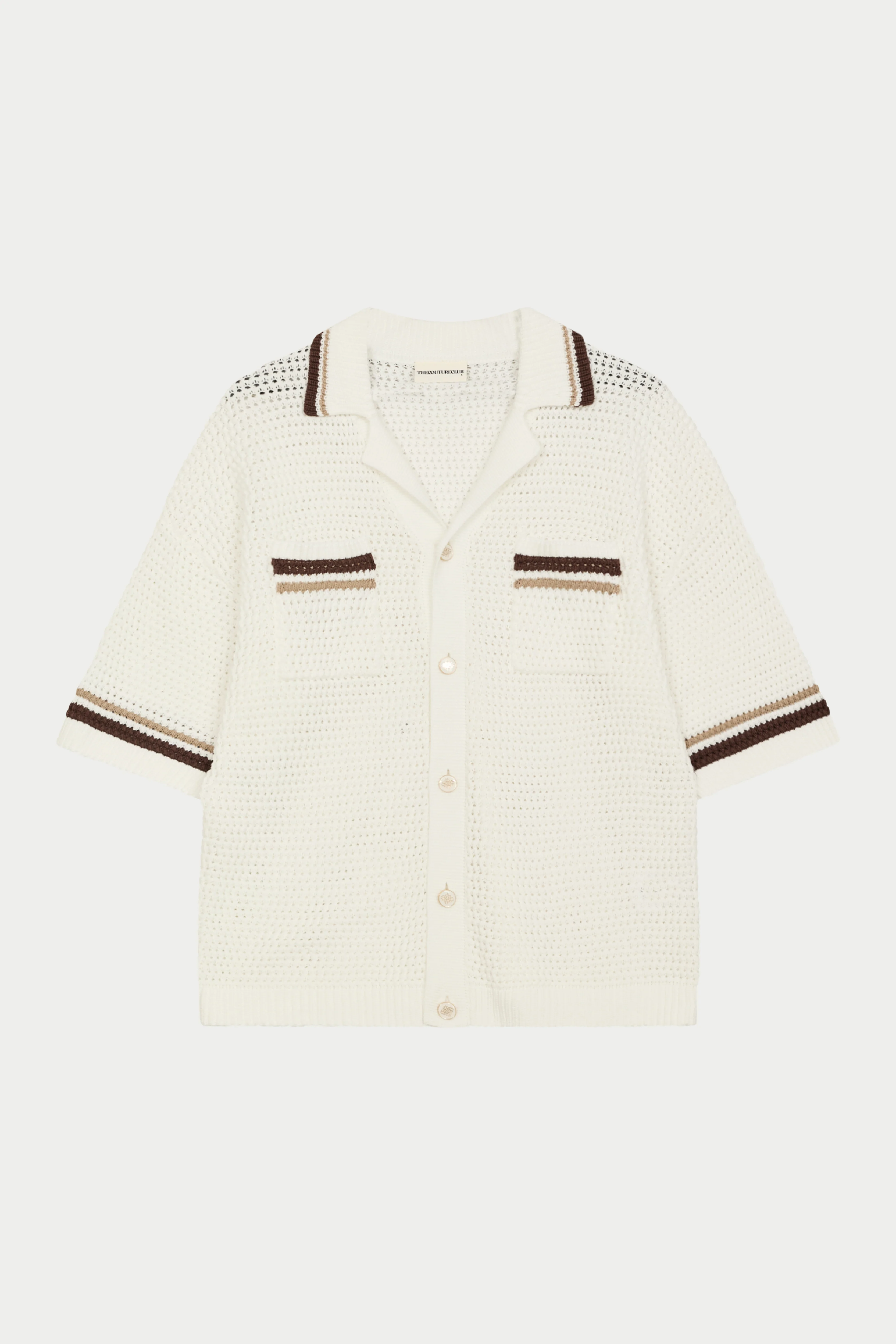 CROCHET KNITTED STRIPE SHIRT - WHITE/BROWN