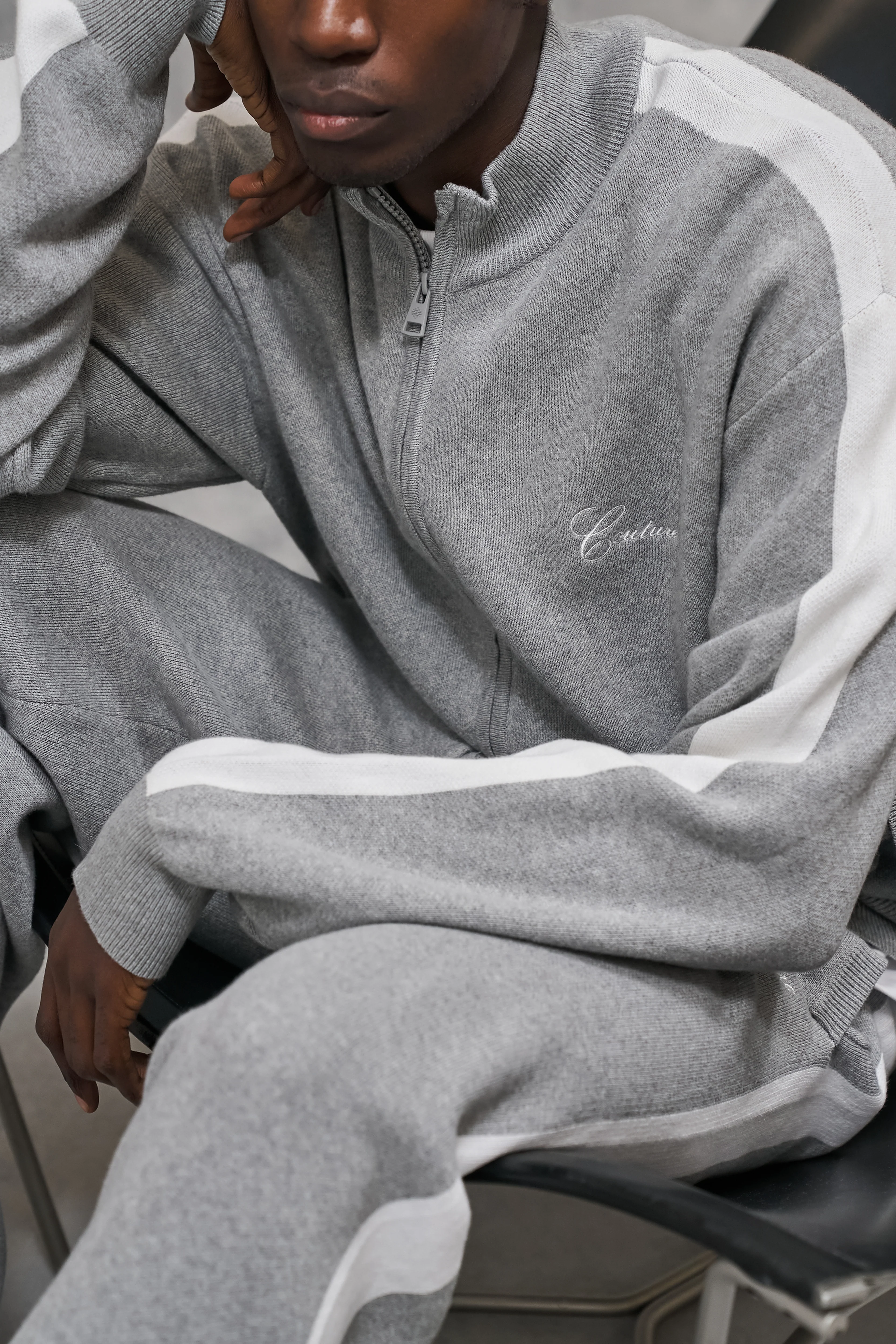 SIDE STRIPE KNITTED TRACK JACKET - GREY MARL