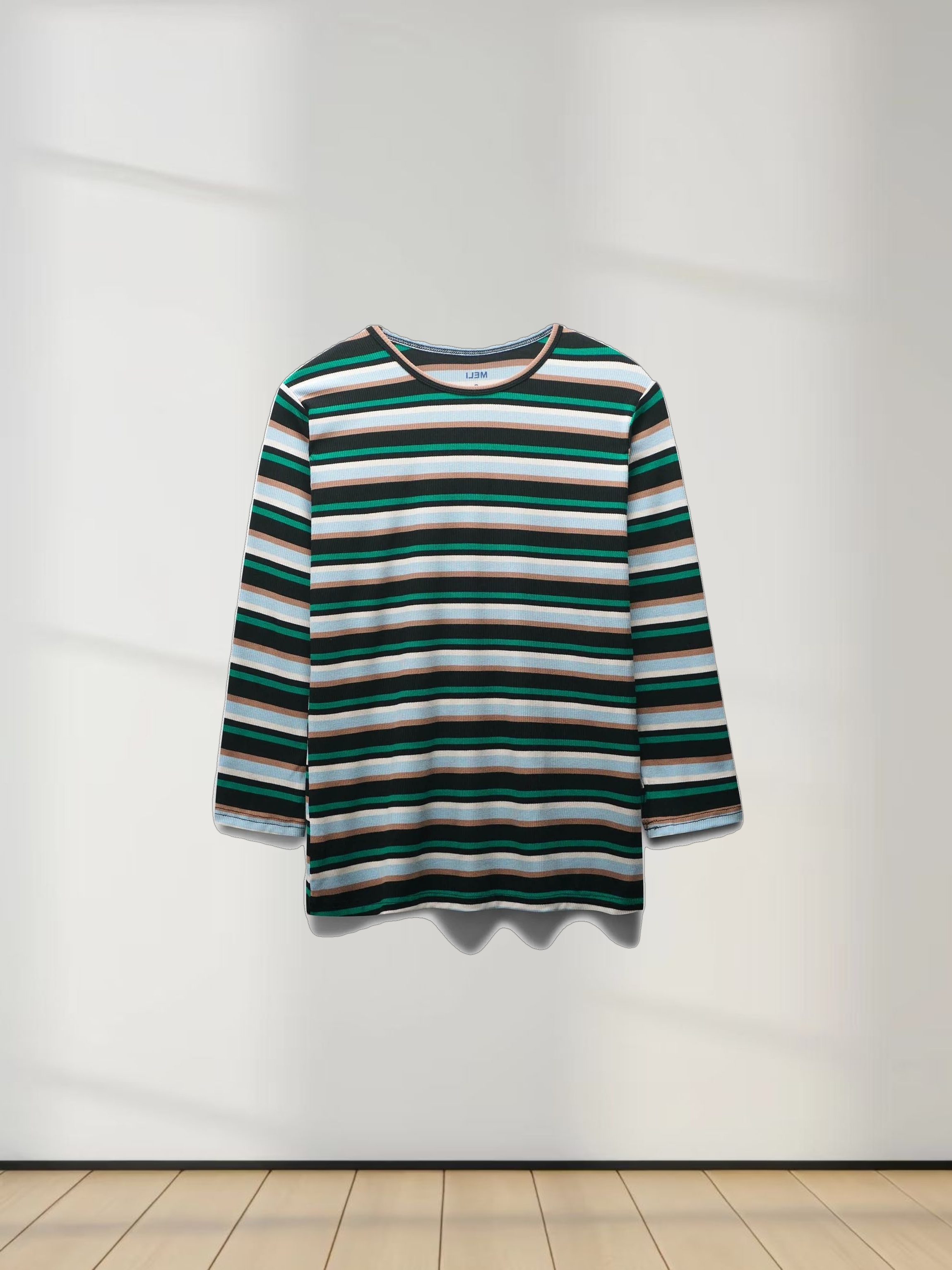 Ribbed Striped Crew 3/4 Sleeve-Green