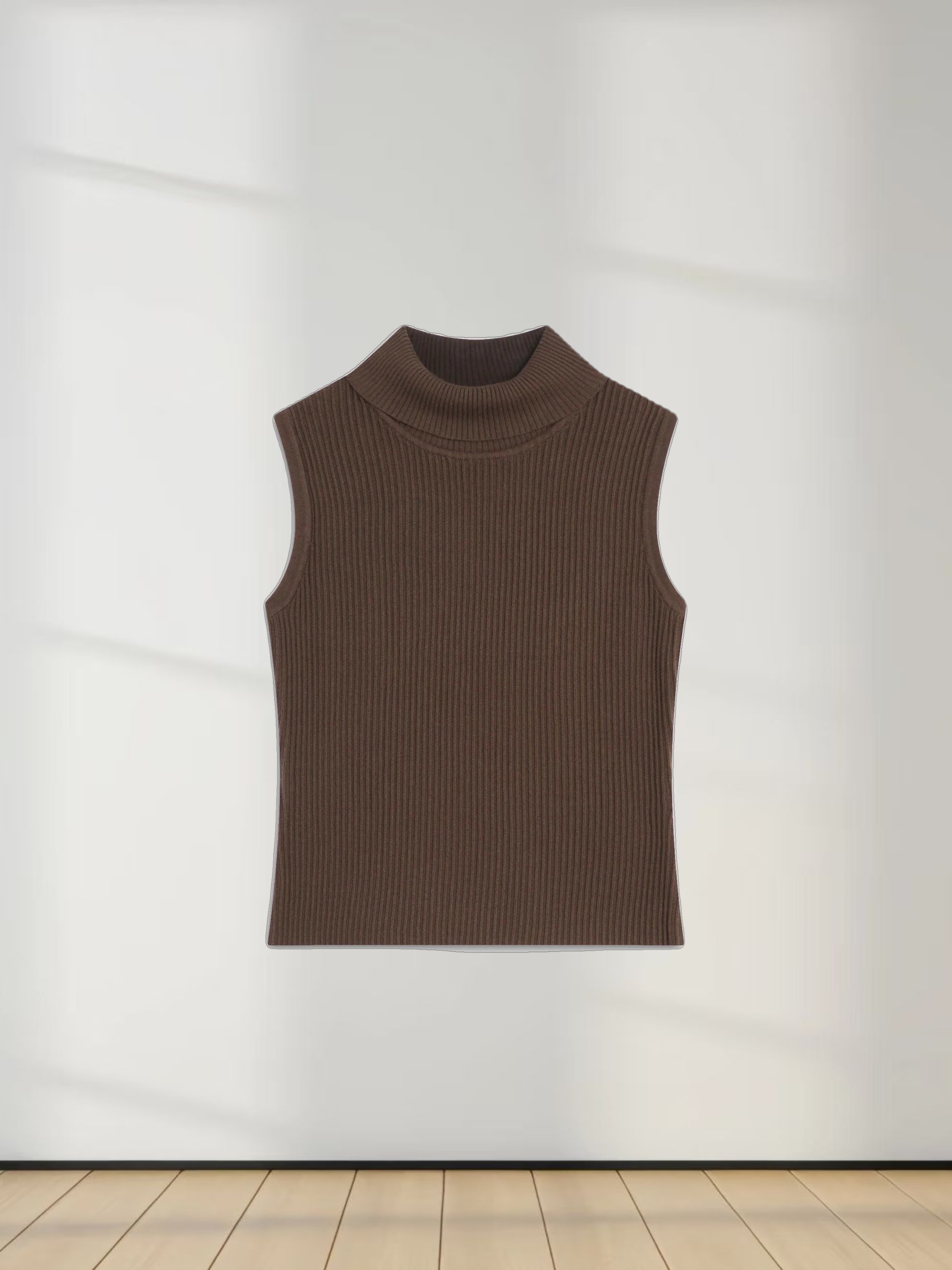 Sleeveless Ribbed Turtleneck-Chocolate Brown