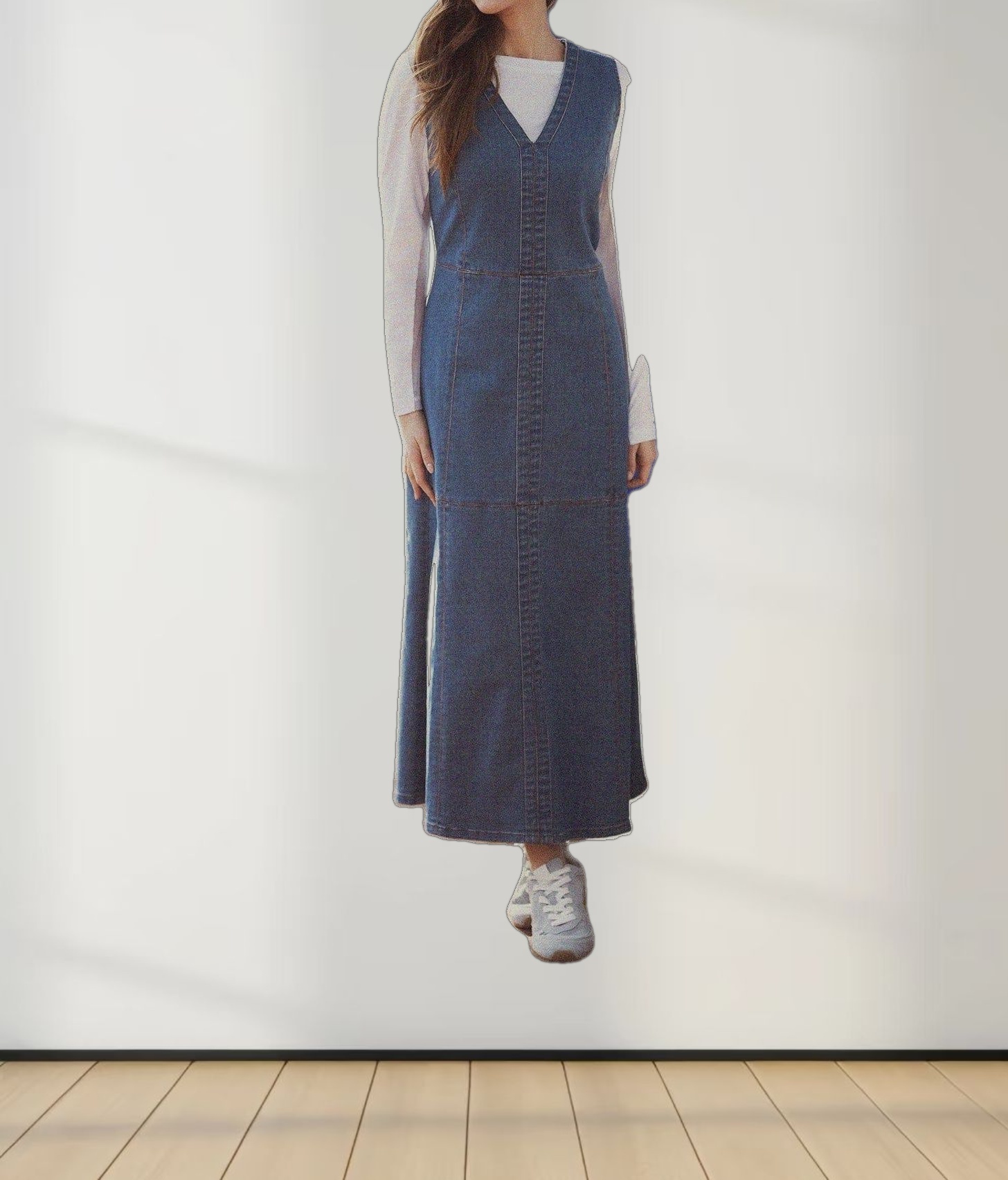 High Waisted V Neck Denim Jumper-Blue