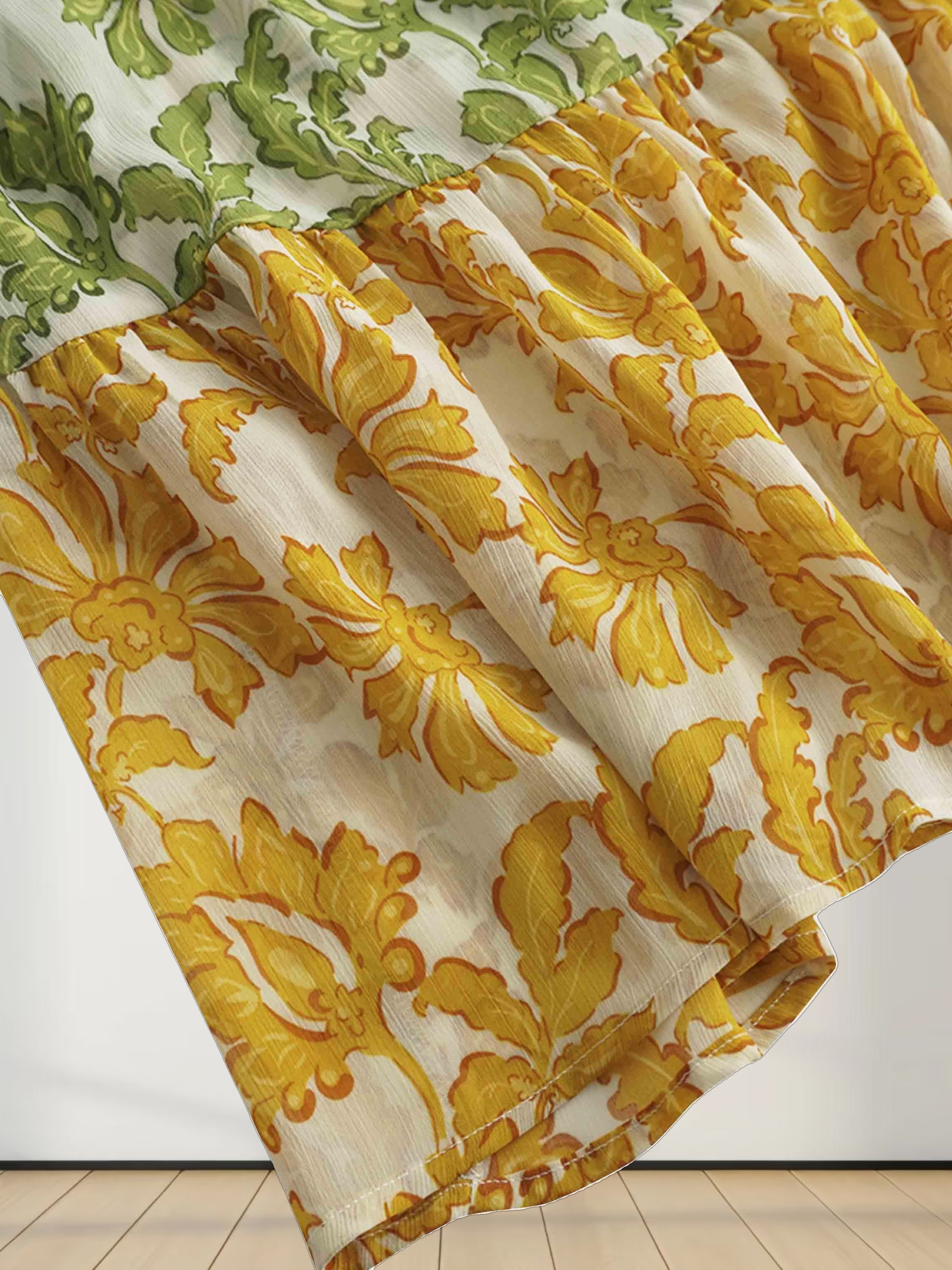 Belted Tiered Dress-Green Floral