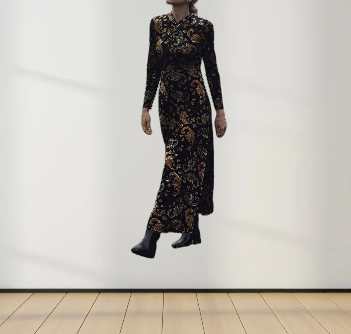 Velour Front Knot Maxi Dress-Gold Paisley