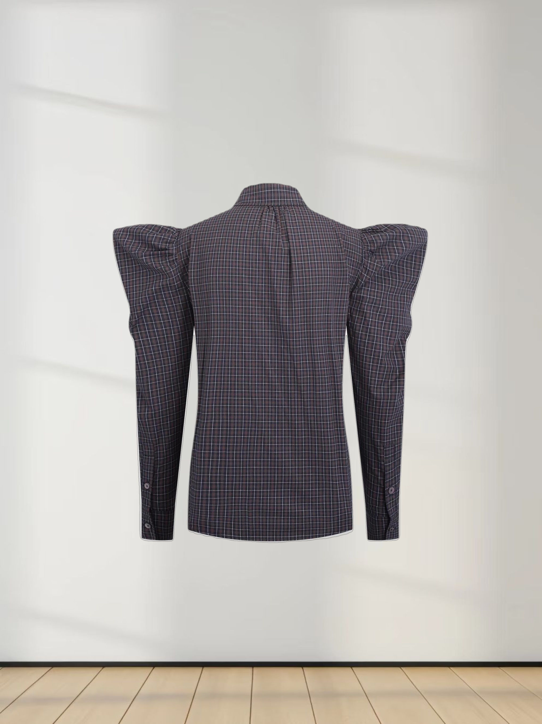 Puff Sleeve Blouse-Navy Plaid