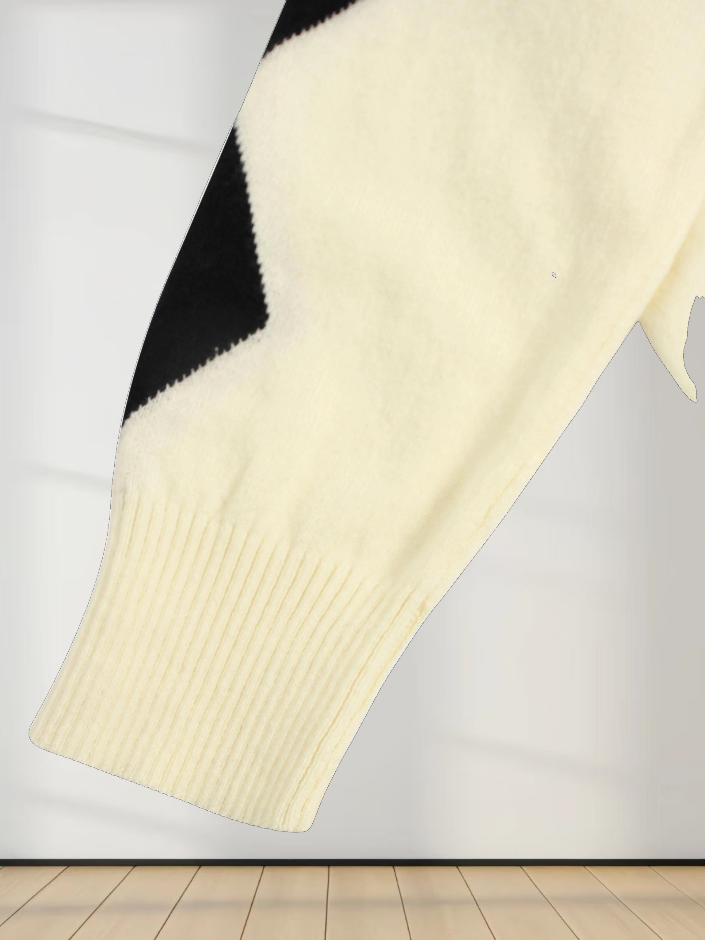 Printed Sweater-Cream with Black Diamond Design