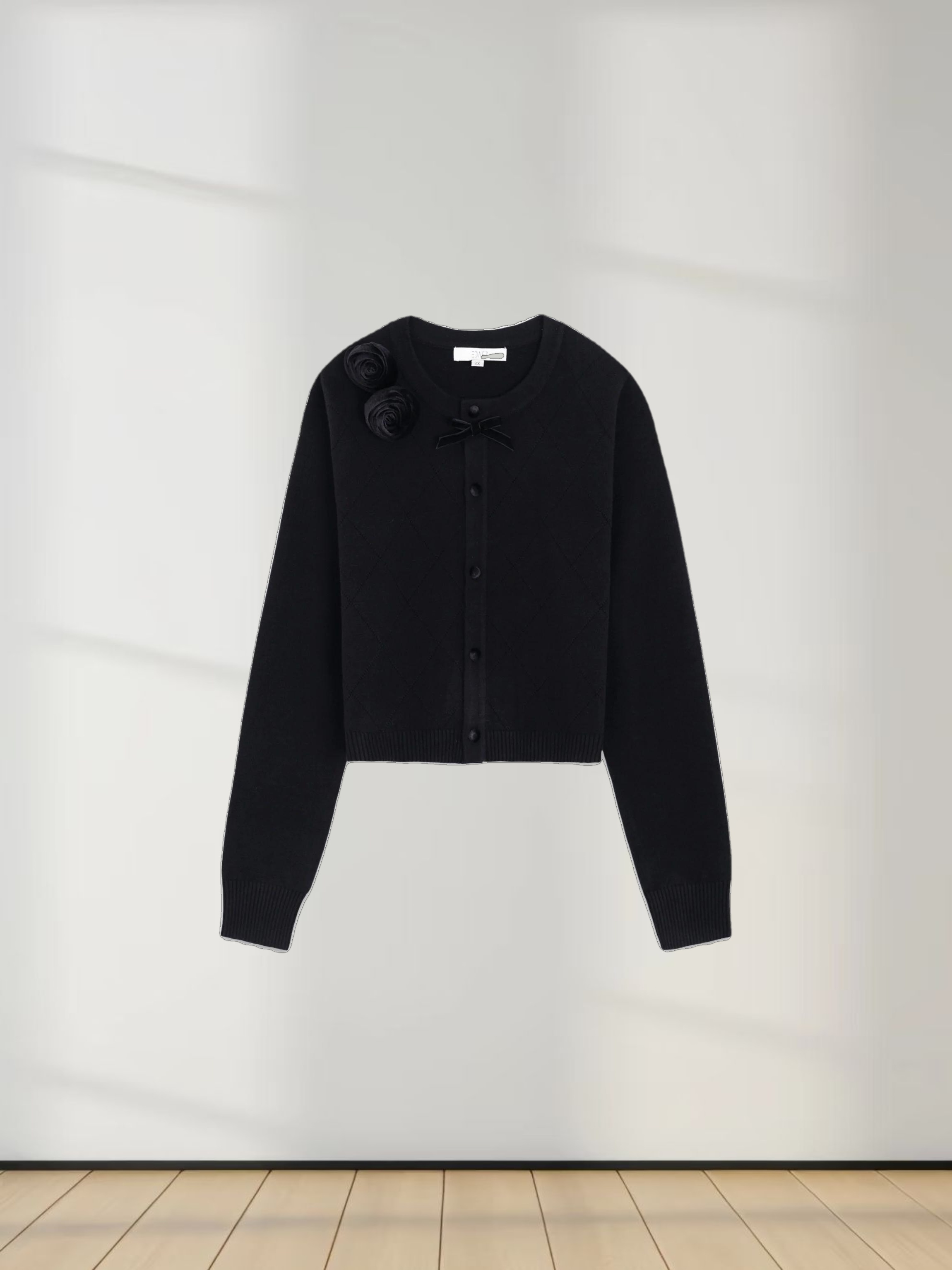Velvet Detail Pointelle Crew Cardigan-Black/Black