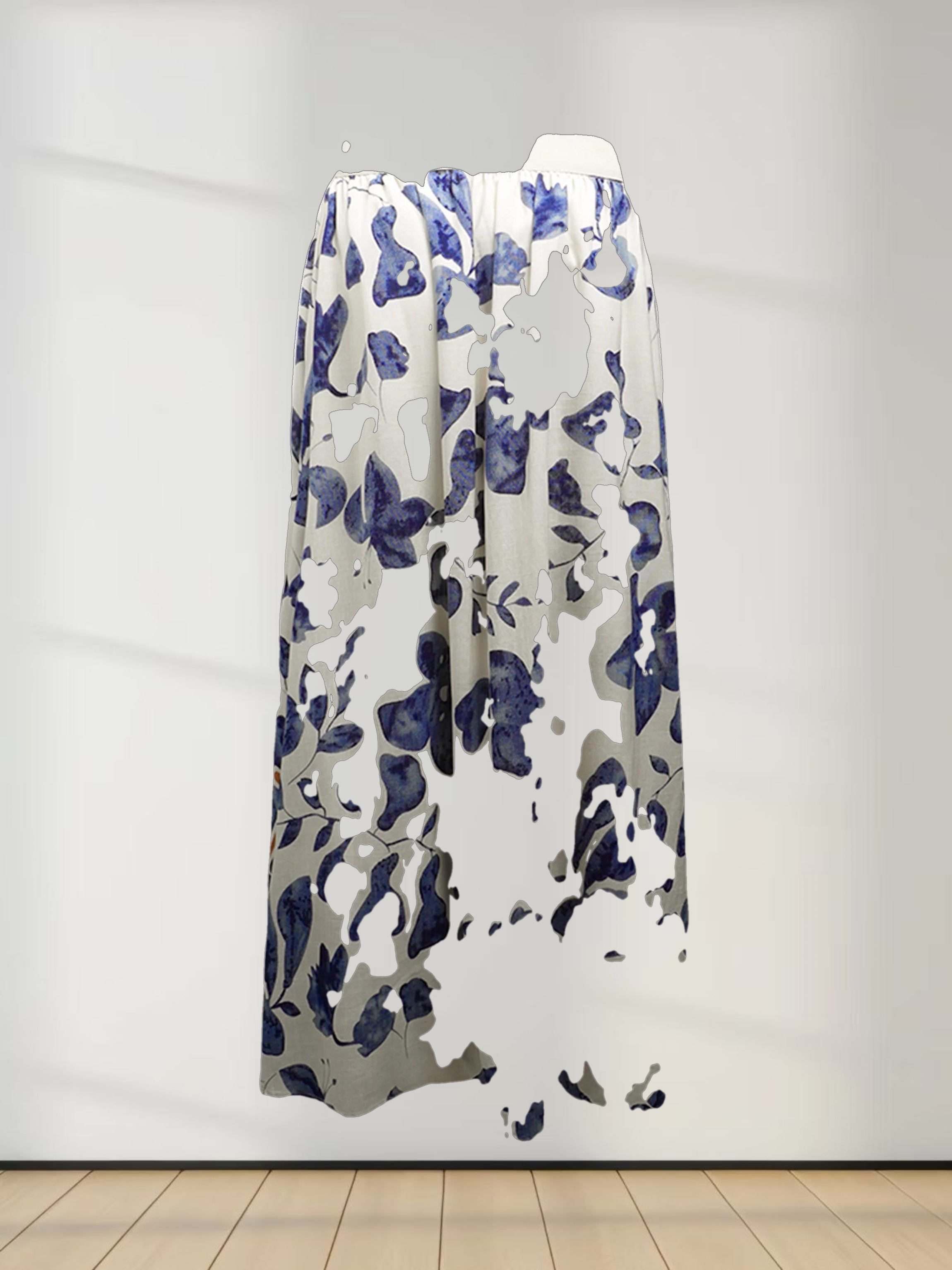Leather Buckle Skirt-Blue Floral