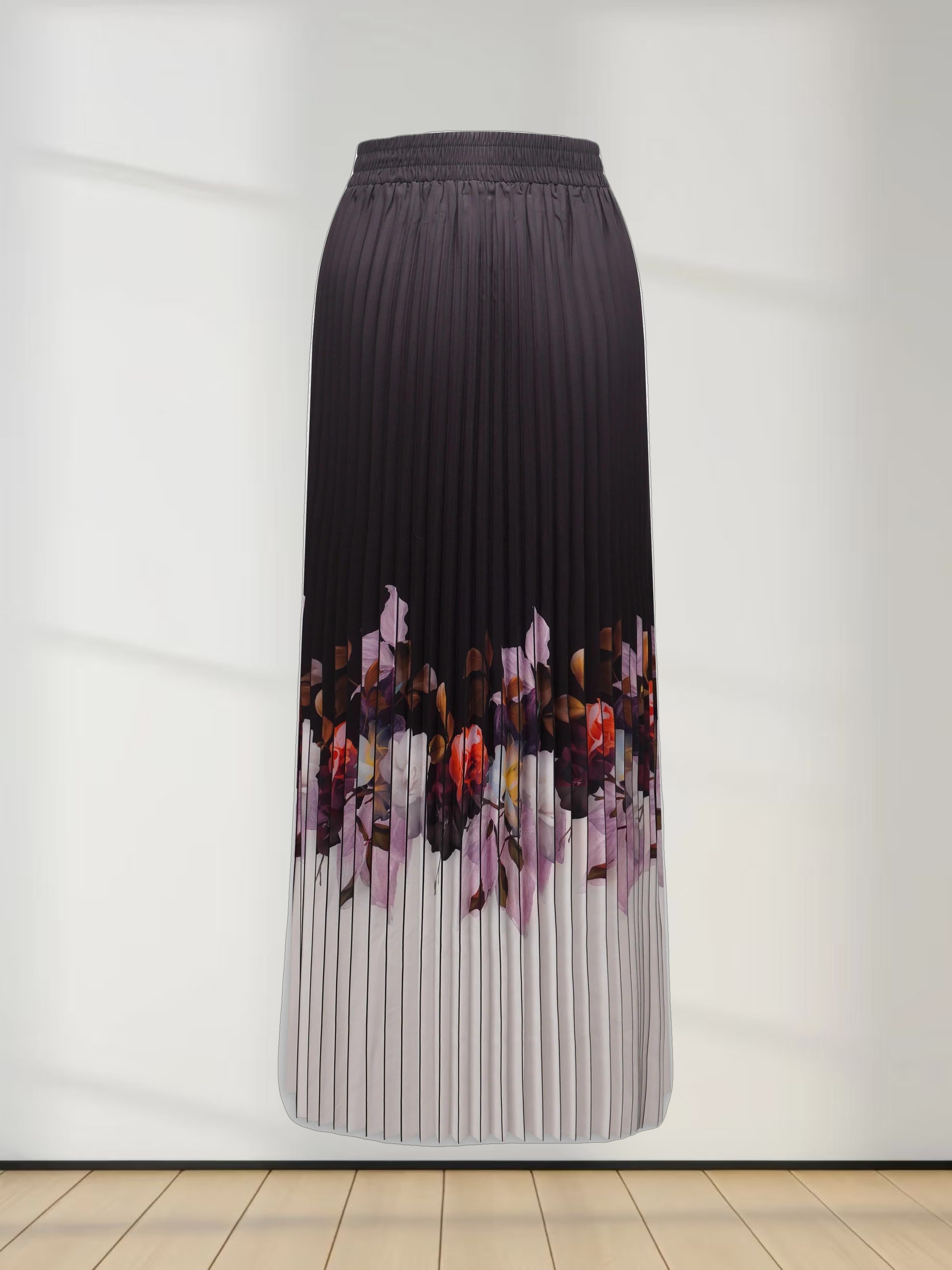 Elastic Waist Printed Pleated Skirt-Floral Border