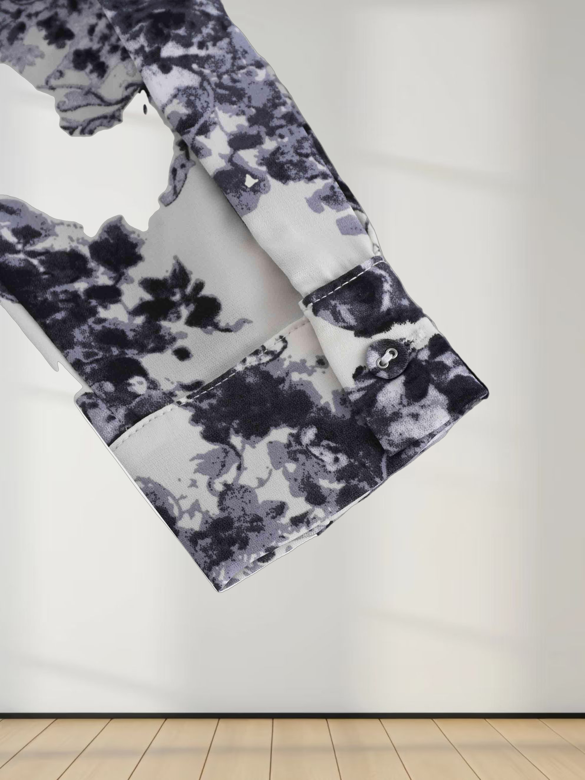 Belted Waist Pleat Shirtdress-Cream/Blue Floral