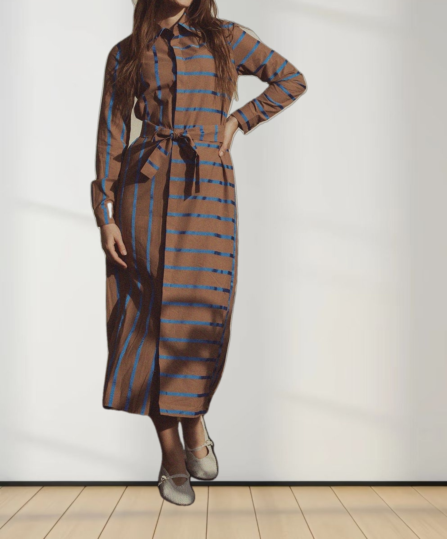 Long Button Down Shirtdress-Brown/Blue Stripe