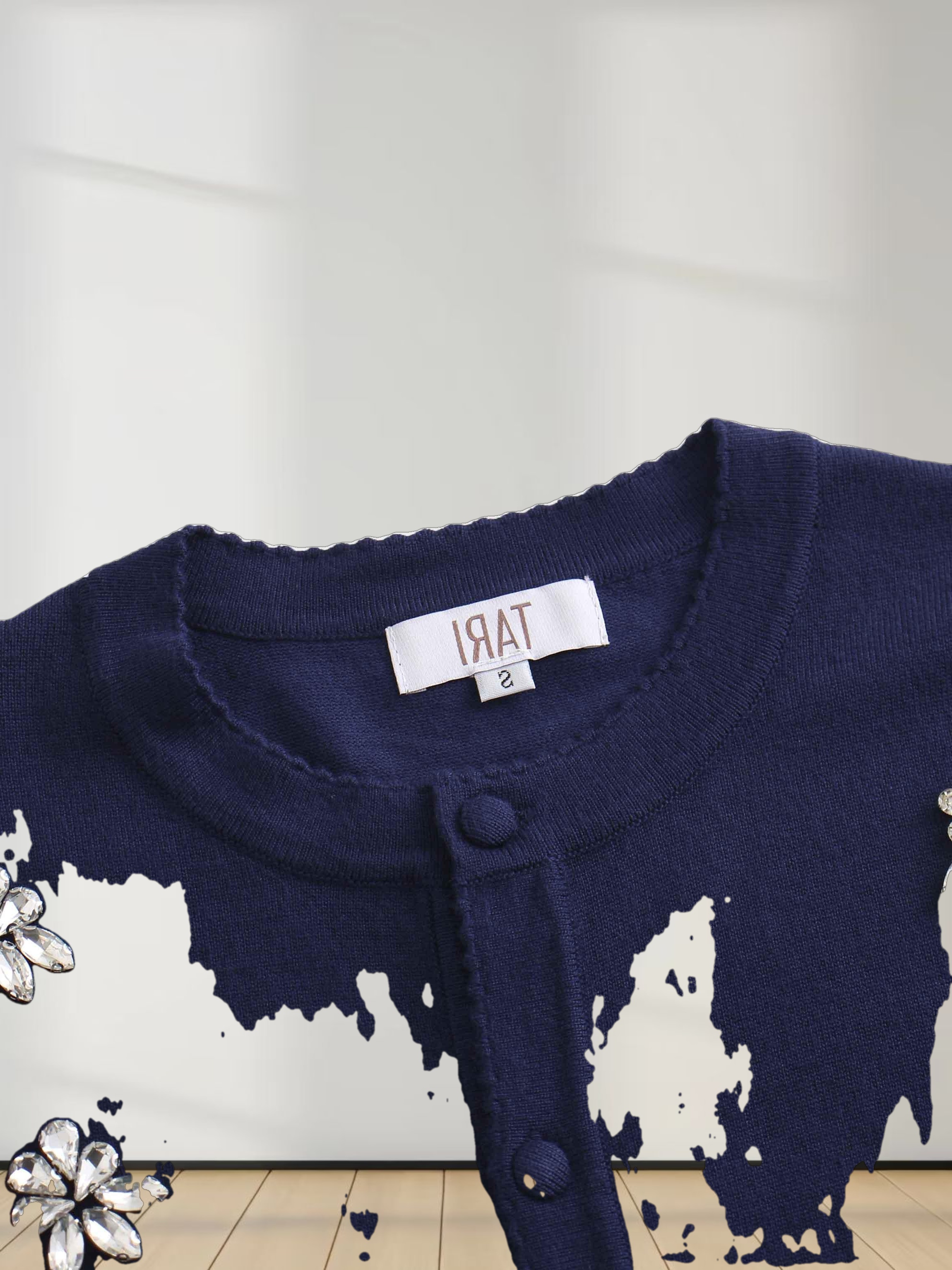 Embellished Cluster Crop Cardigan-Navy