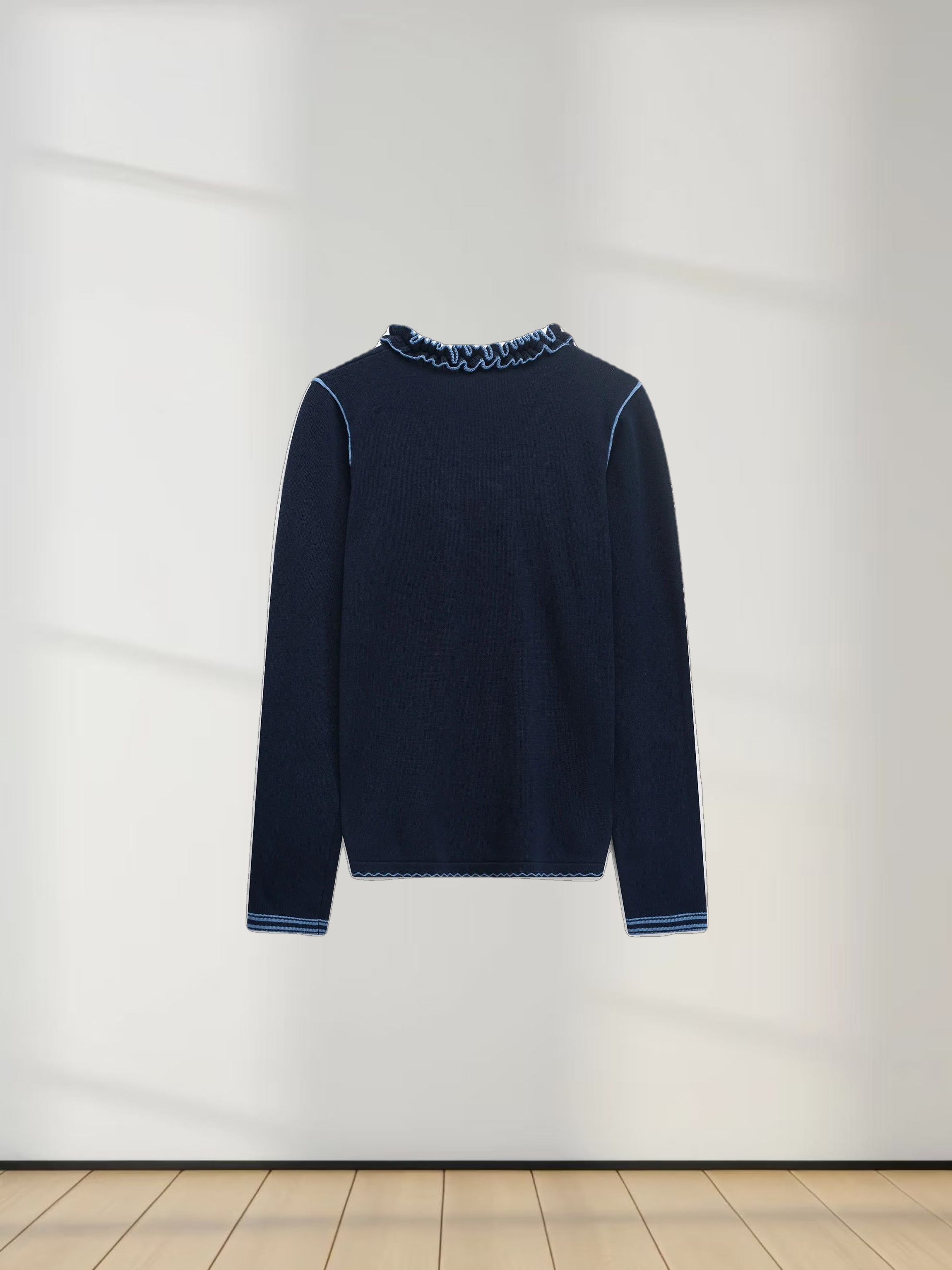 Ruffle Detail Sweater-Navy/Light Blue