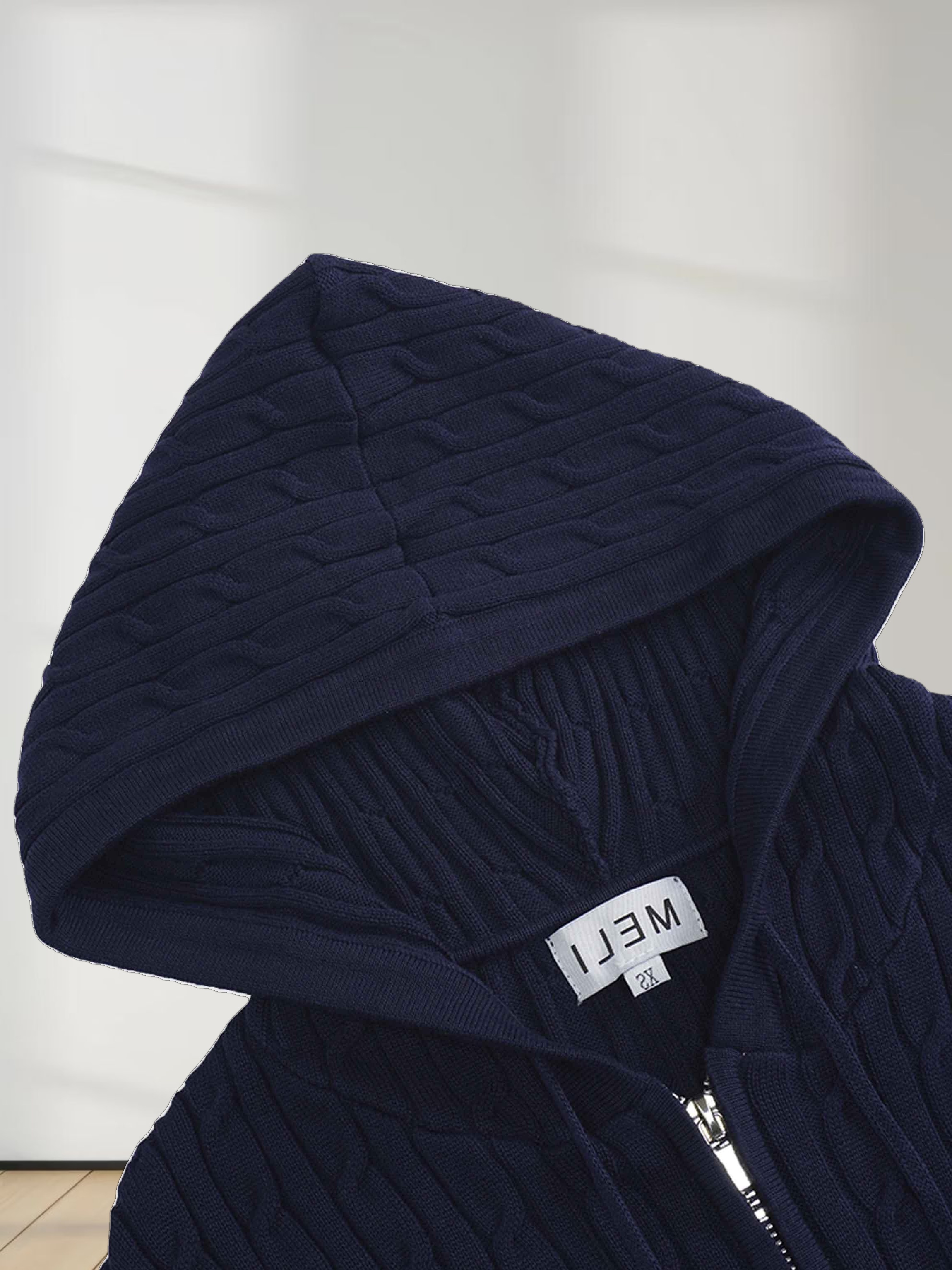 Zip Up Cable Hoodie-Navy