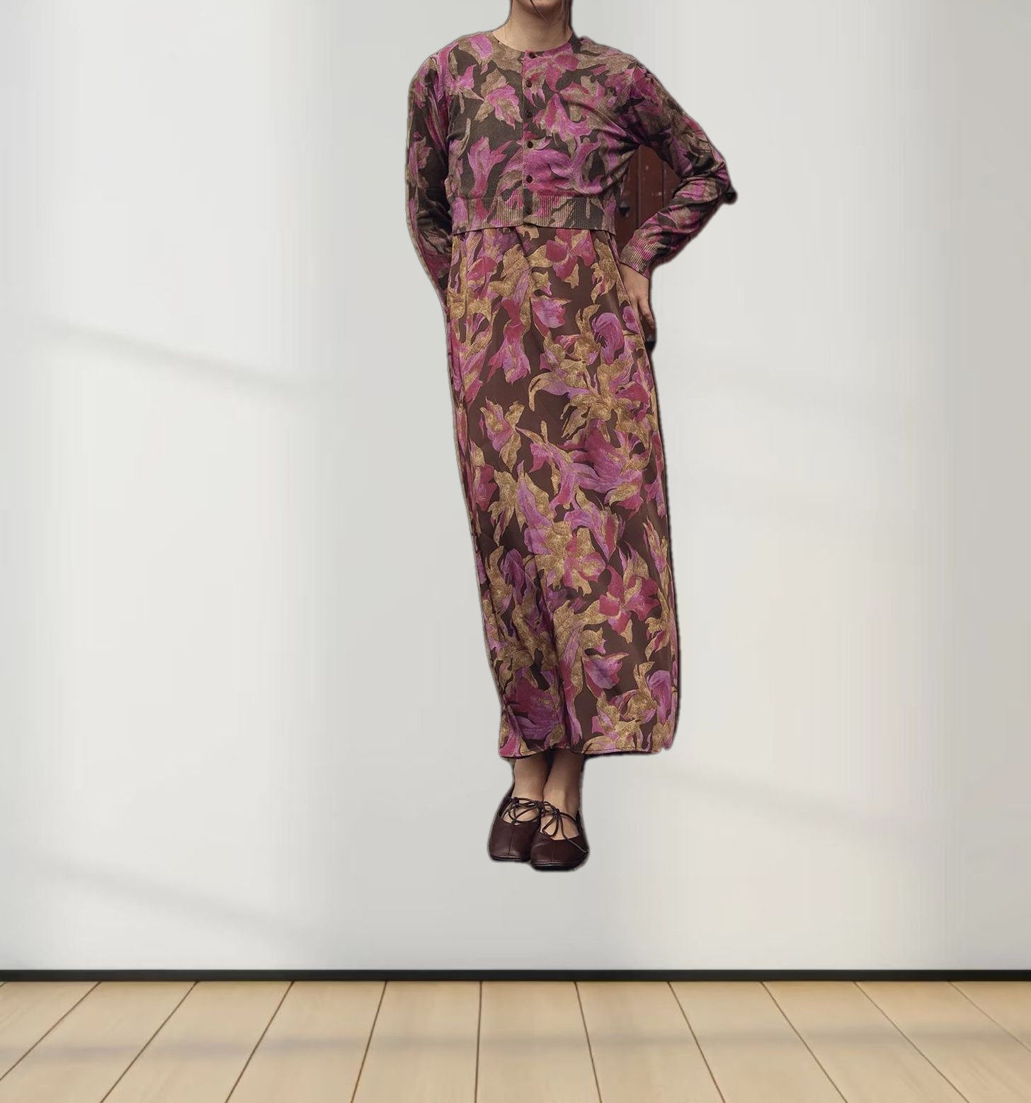 Printed Cardigan-Brown/Pink Floral