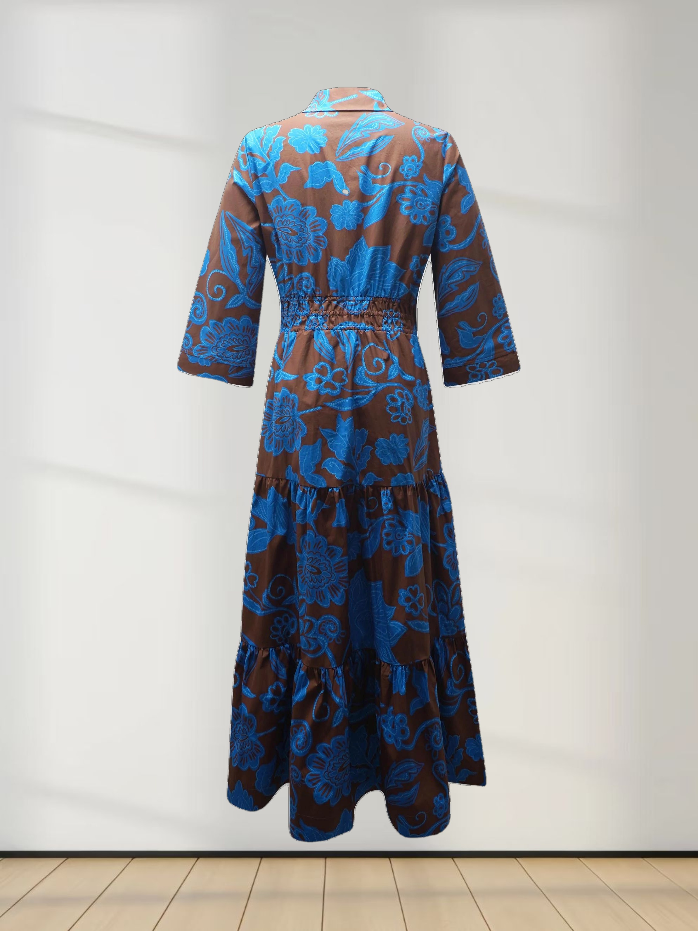 Elastic Waist Tiered Shirtdress-Brown/Blue Floral