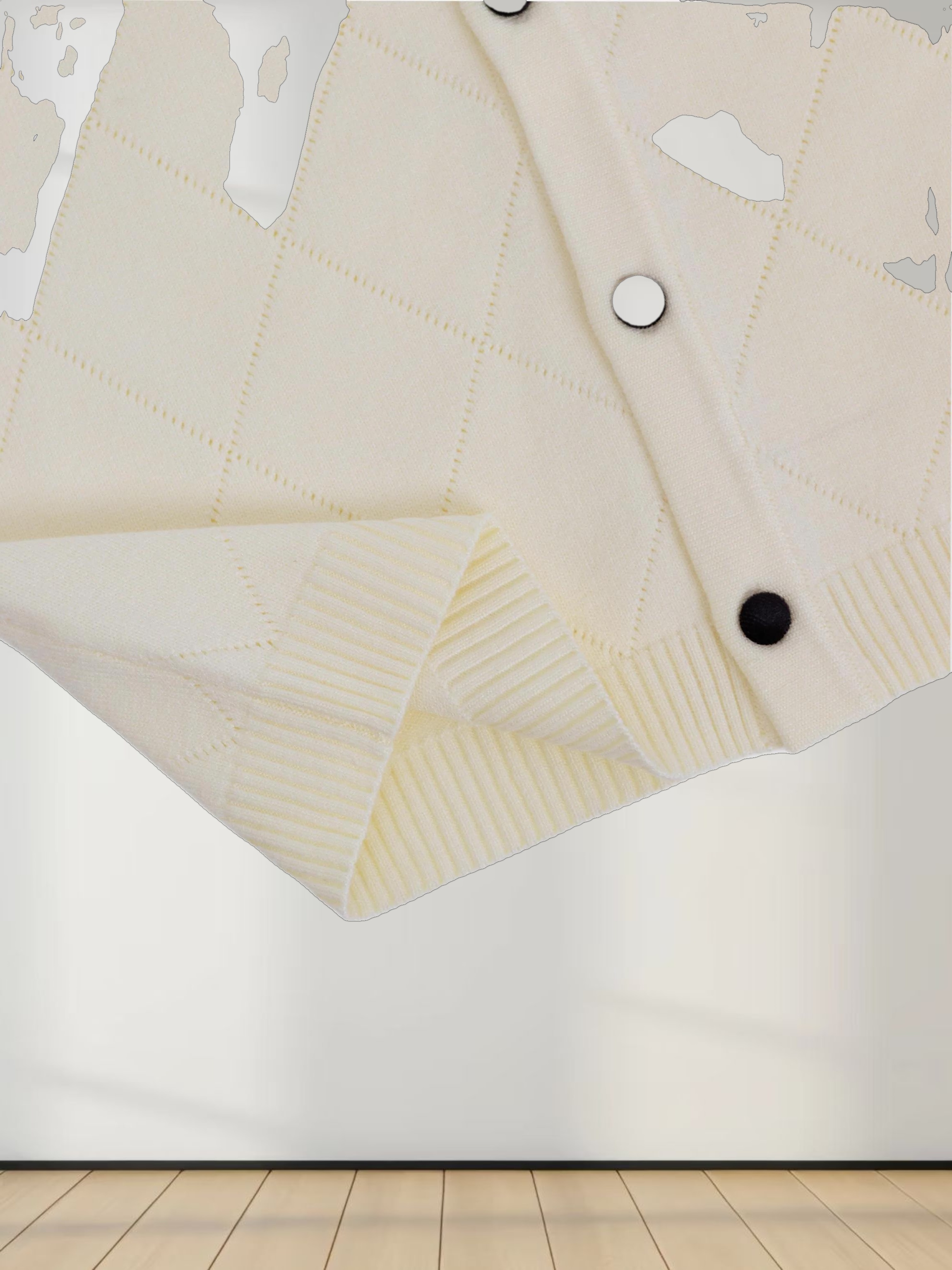 Velvet Detail Pointelle Crew Cardigan-Cream/Black