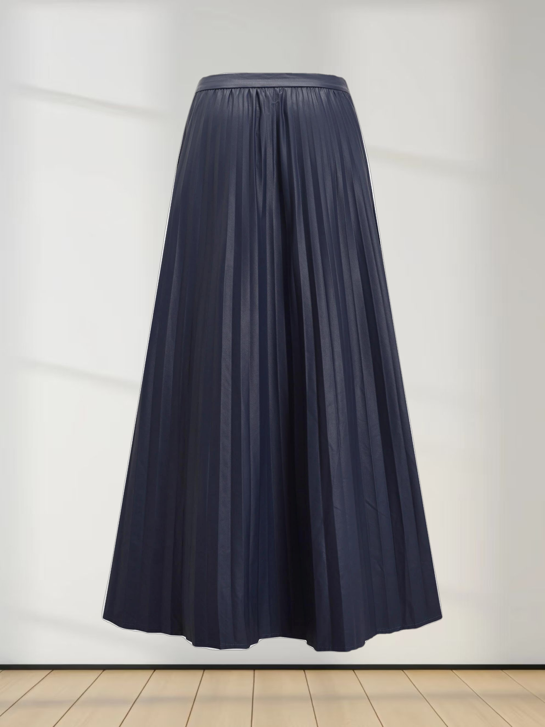 Accordion Pleated Faux Leather Skirt-Navy