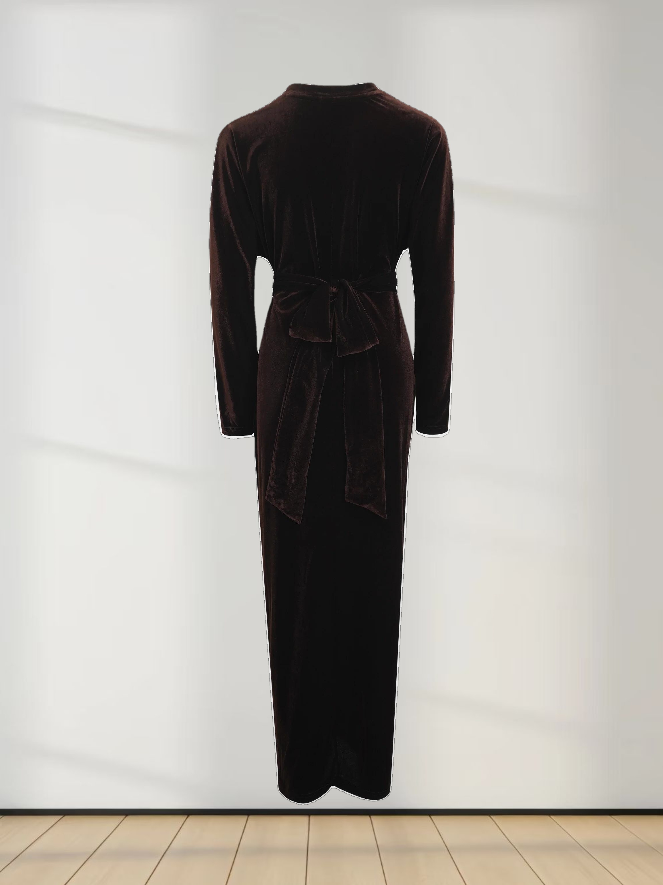 Velour Wrap Tie Maxi Dress-Brown