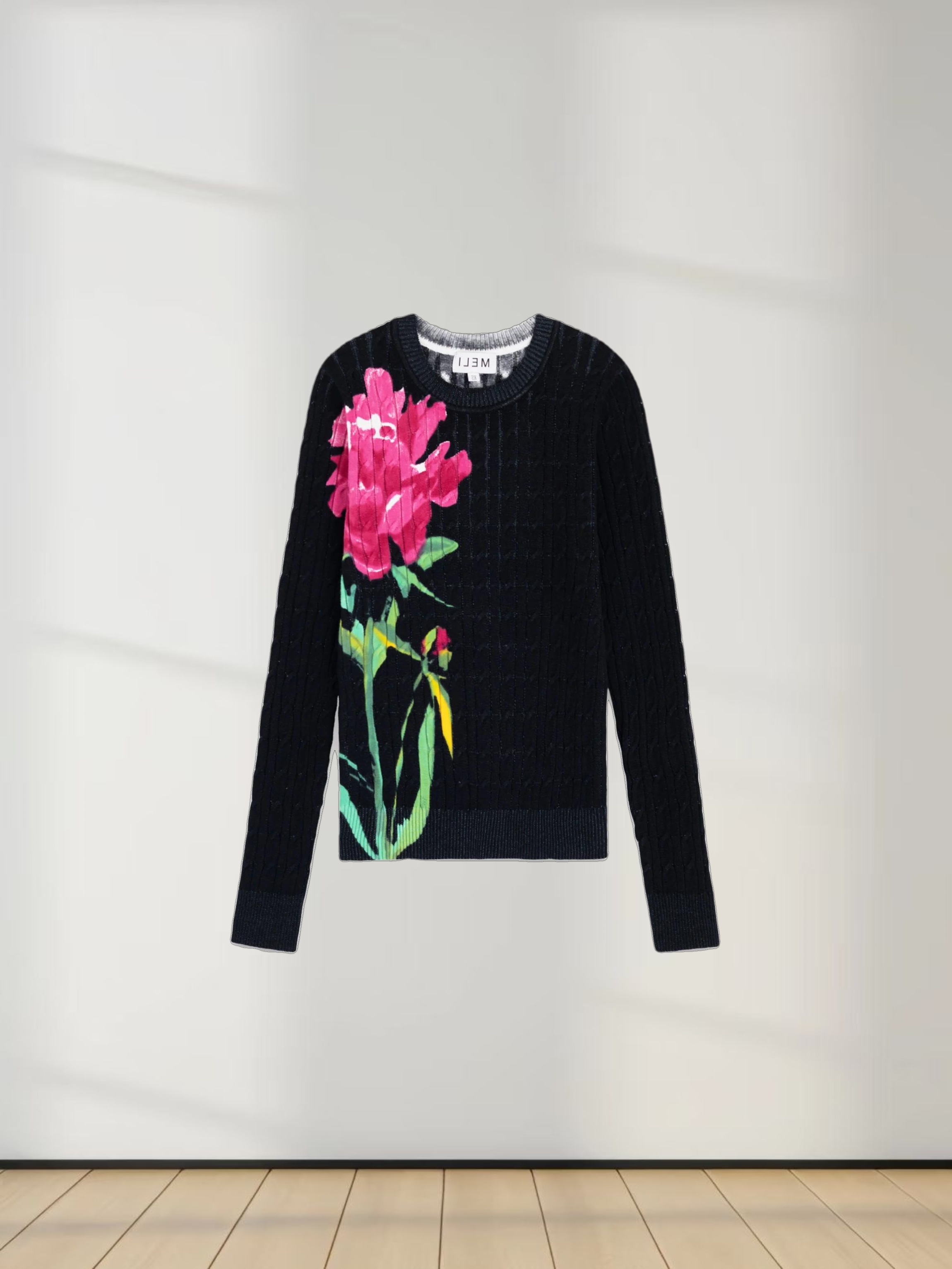 Printed Cable Sweater-Black Flower