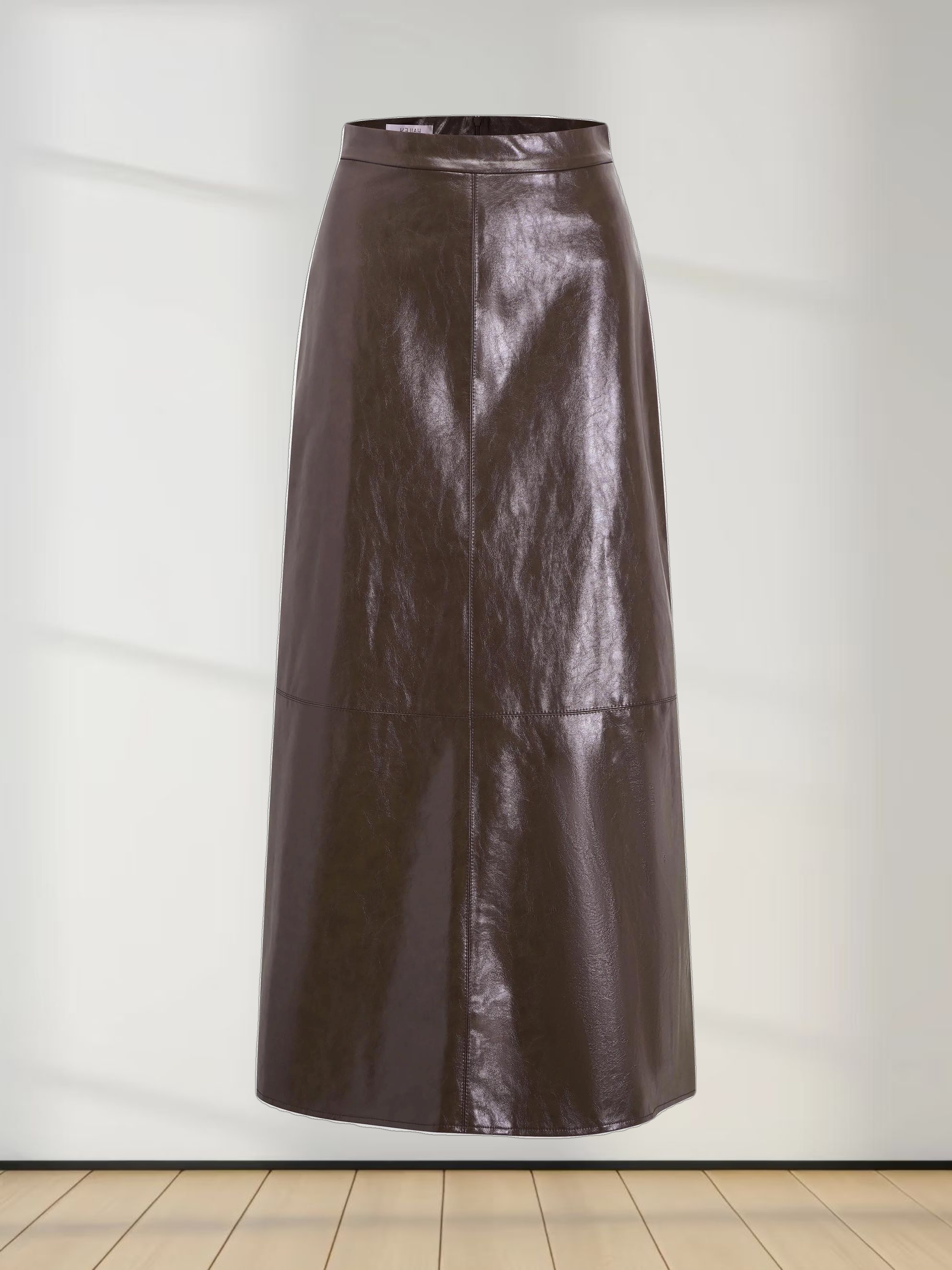 Coated Faux Leather A-Line Skirt-Brown