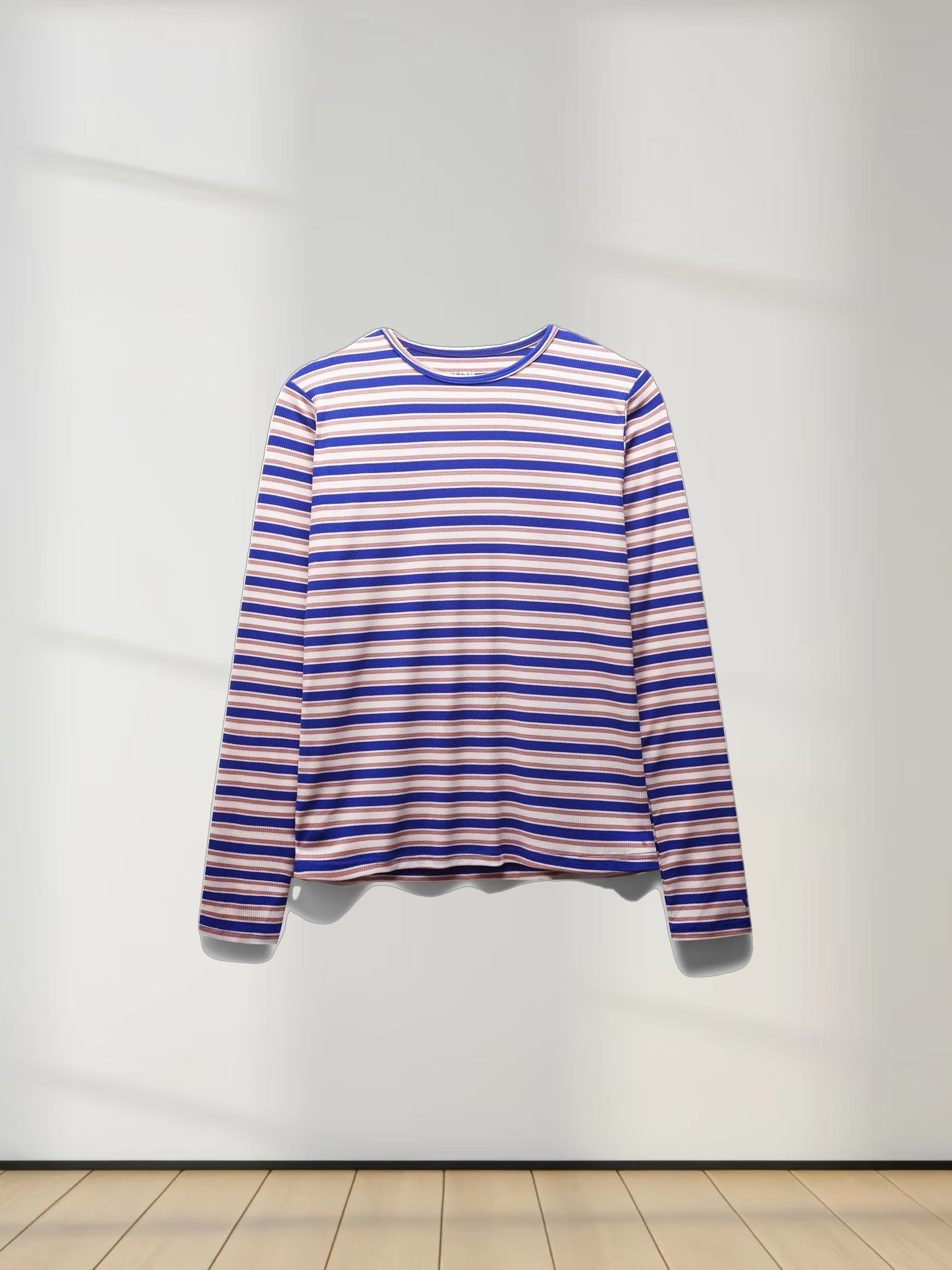 Multi Striped Ribbed Crew-Cobalt Blue/Tan