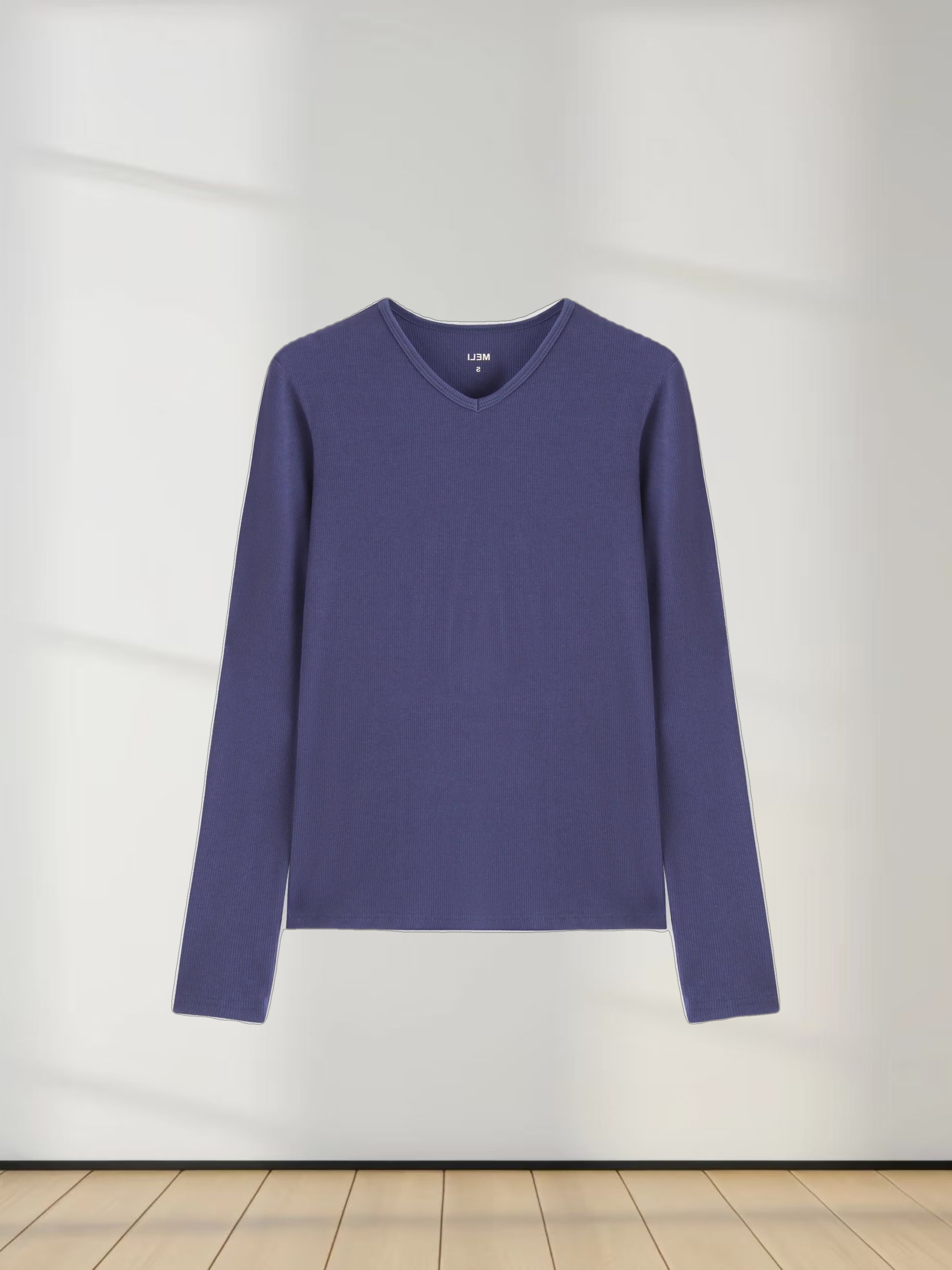 High V Ribbed Tee LS-Indigo Blue