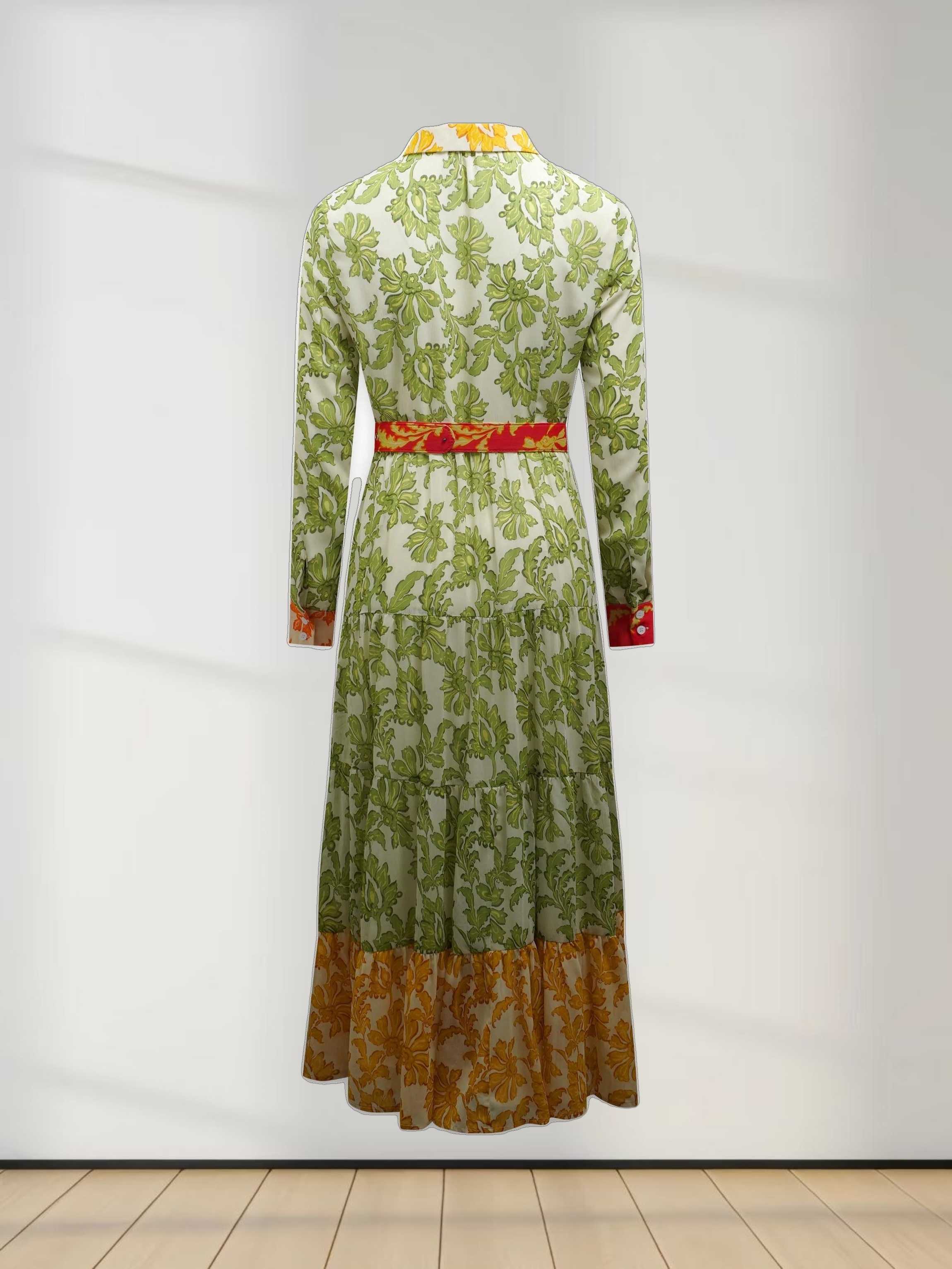 Belted Tiered Dress-Green Floral