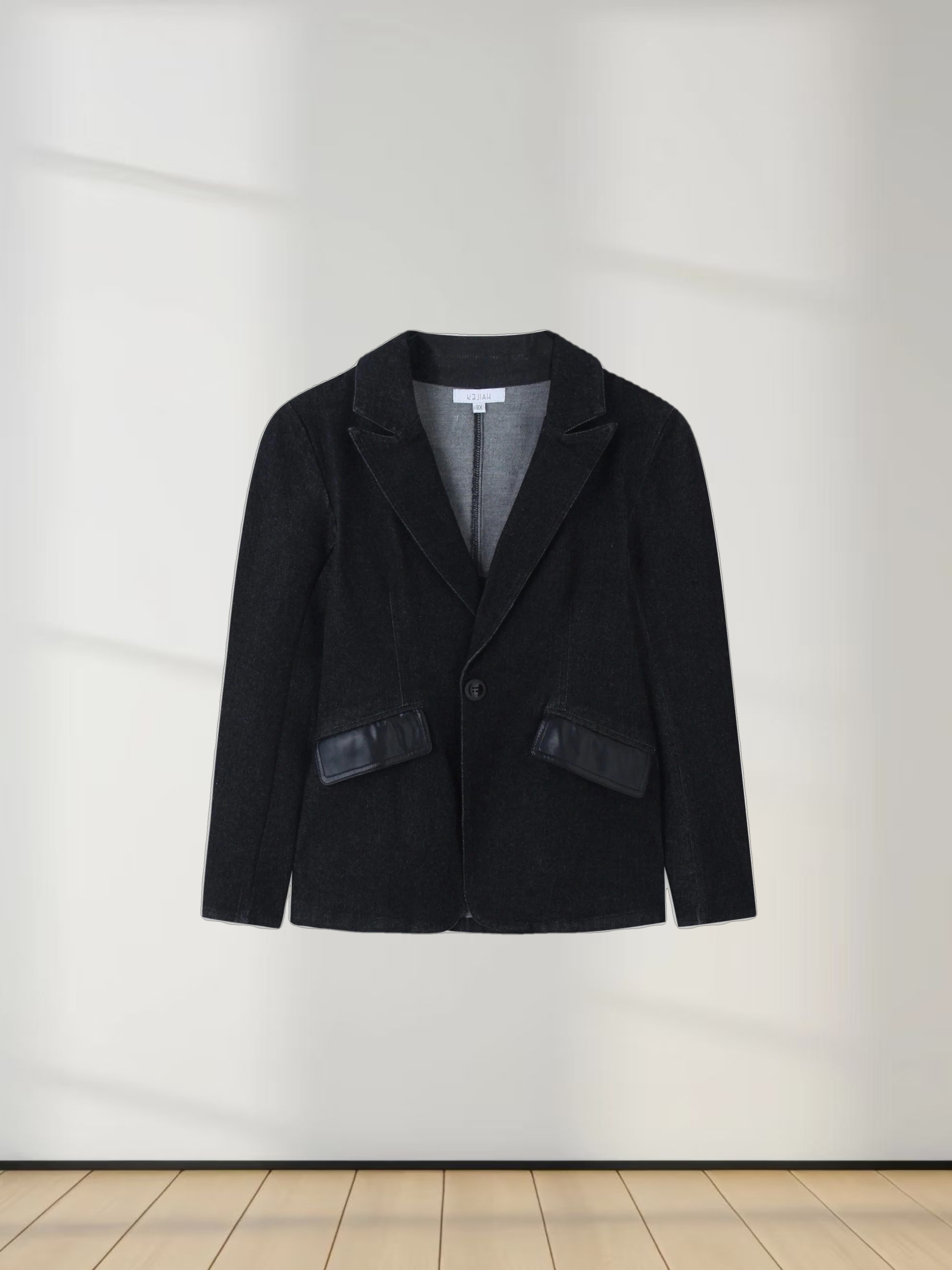 Leather Pocket Denim Blazer-Black