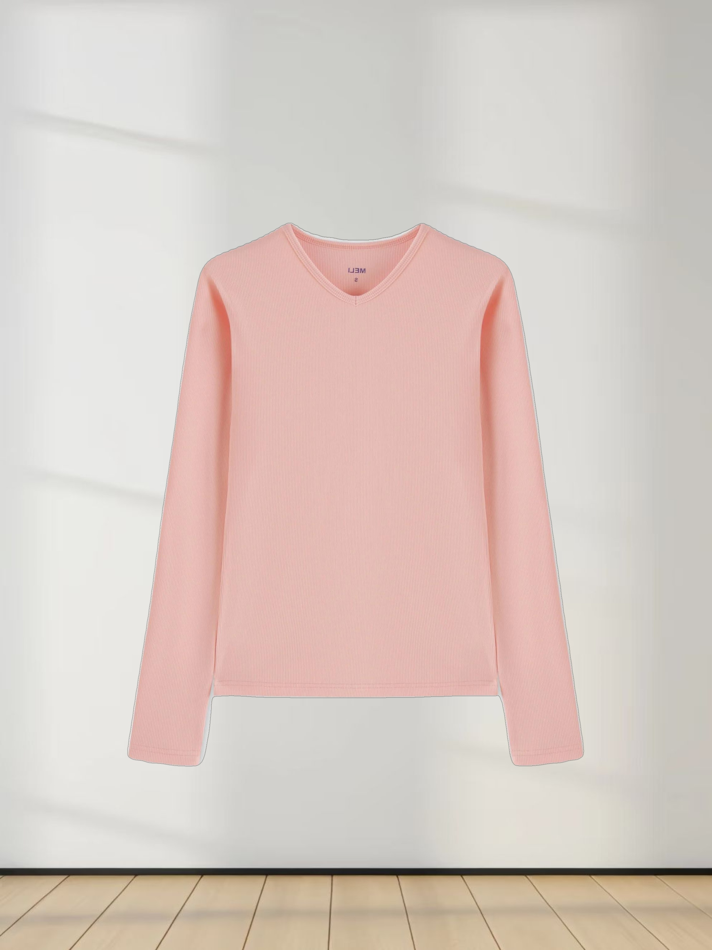 High V Ribbed Tee LS-Peach