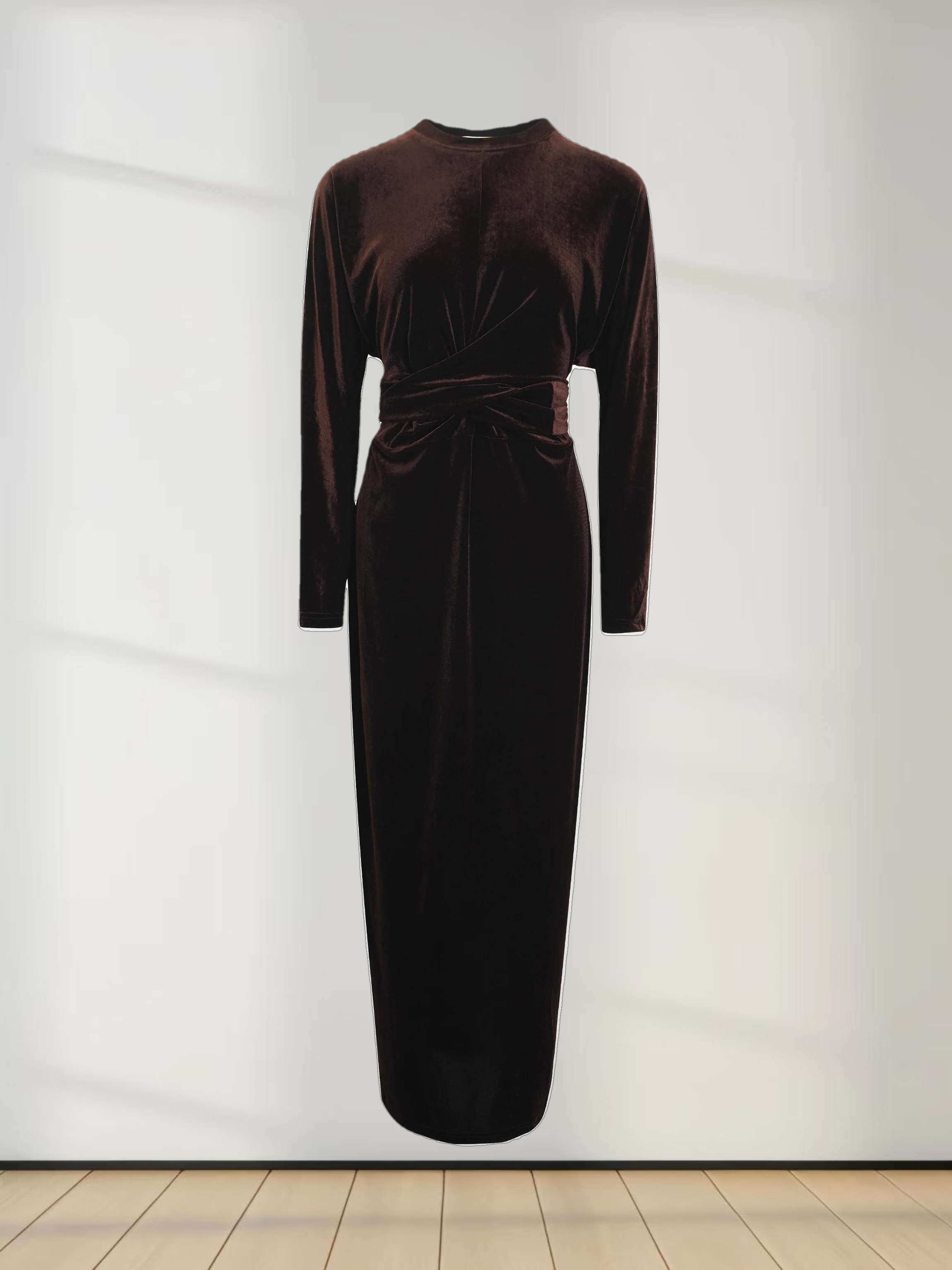 Velour Wrap Tie Maxi Dress-Brown