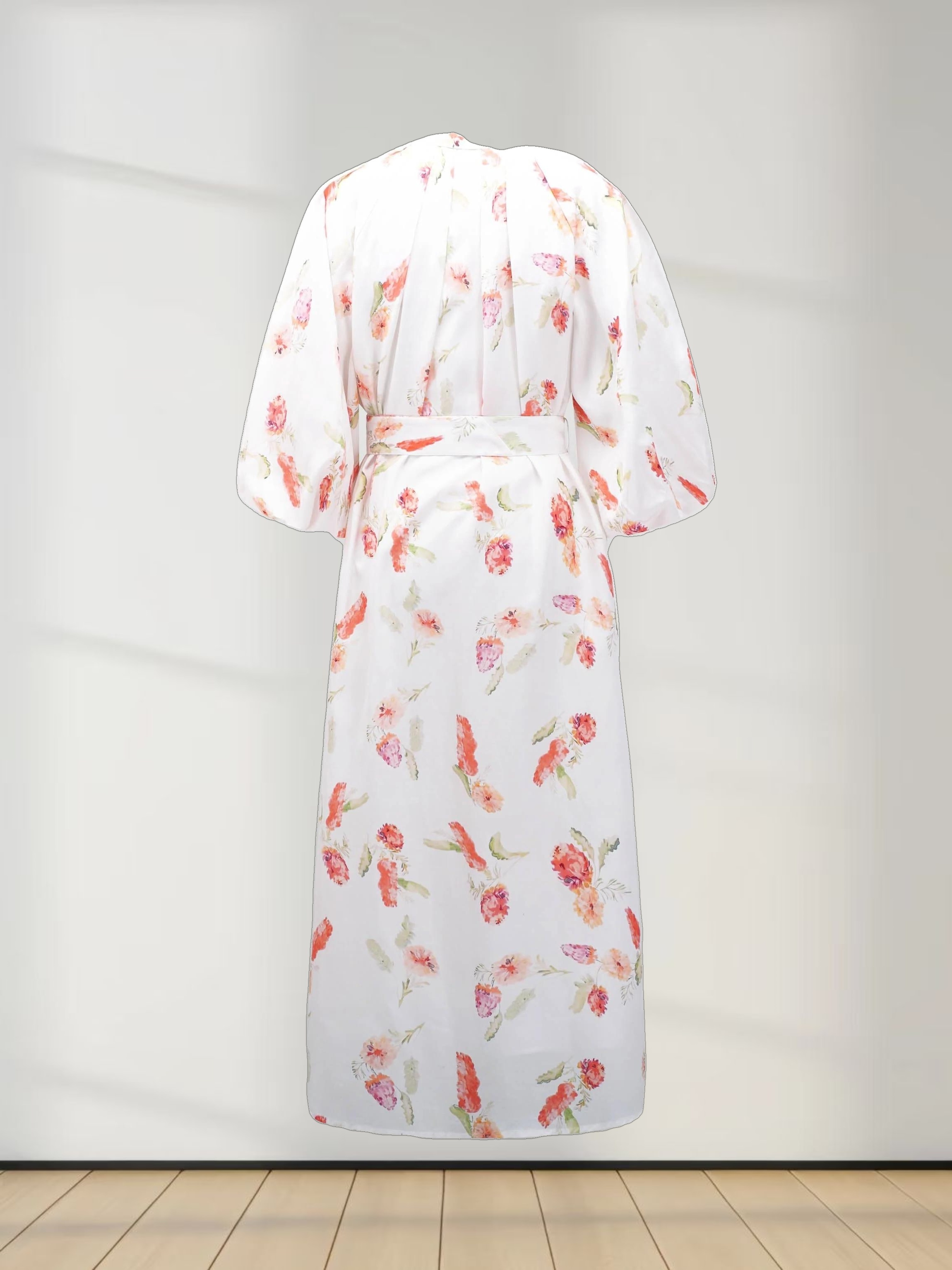 Pleat Neck Belted Dress-Peach Floral