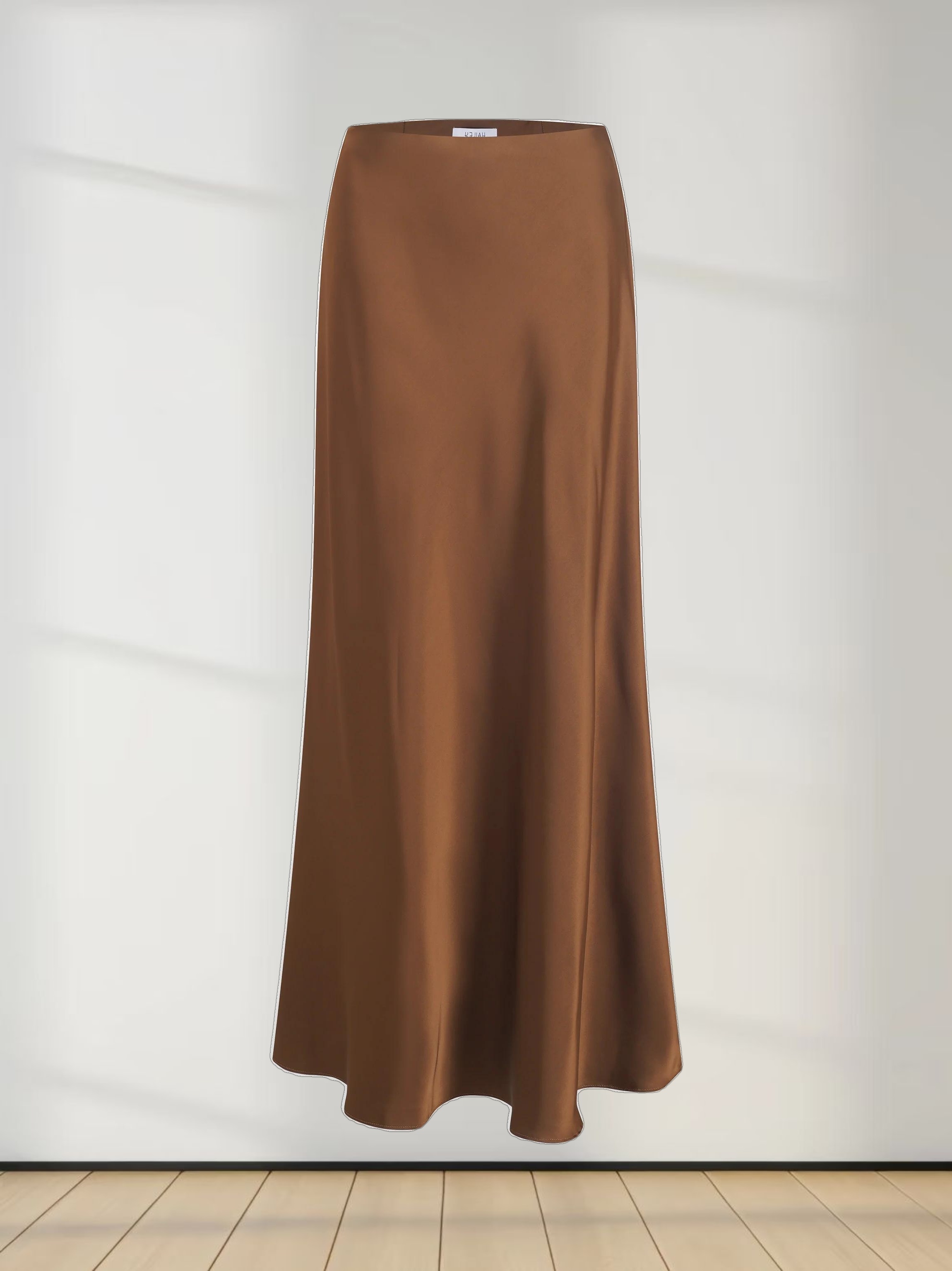 Solid Faux Satin Slip Skirt-Brown