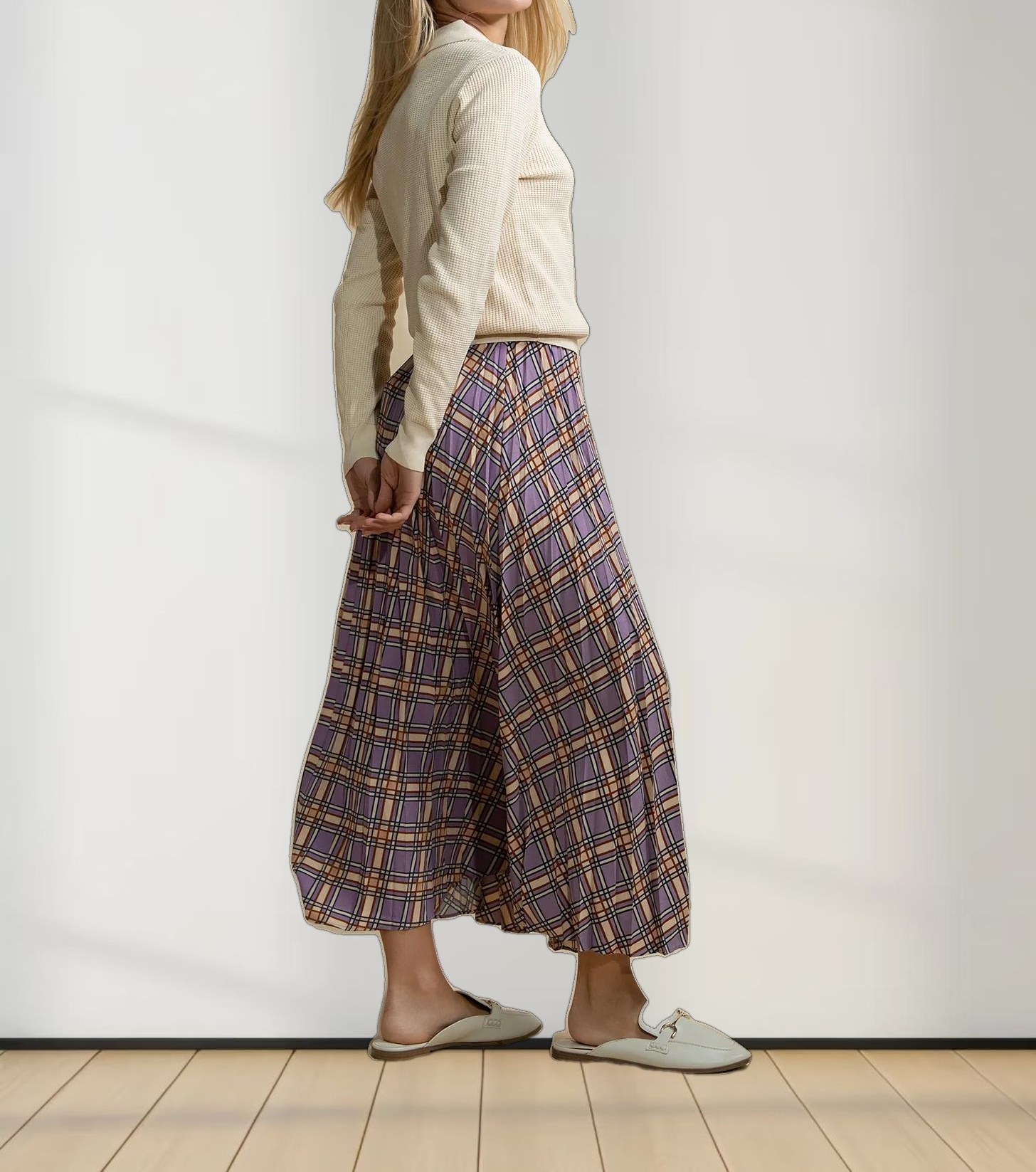 Covered Band Pleated Skirt-Lavender Plaid