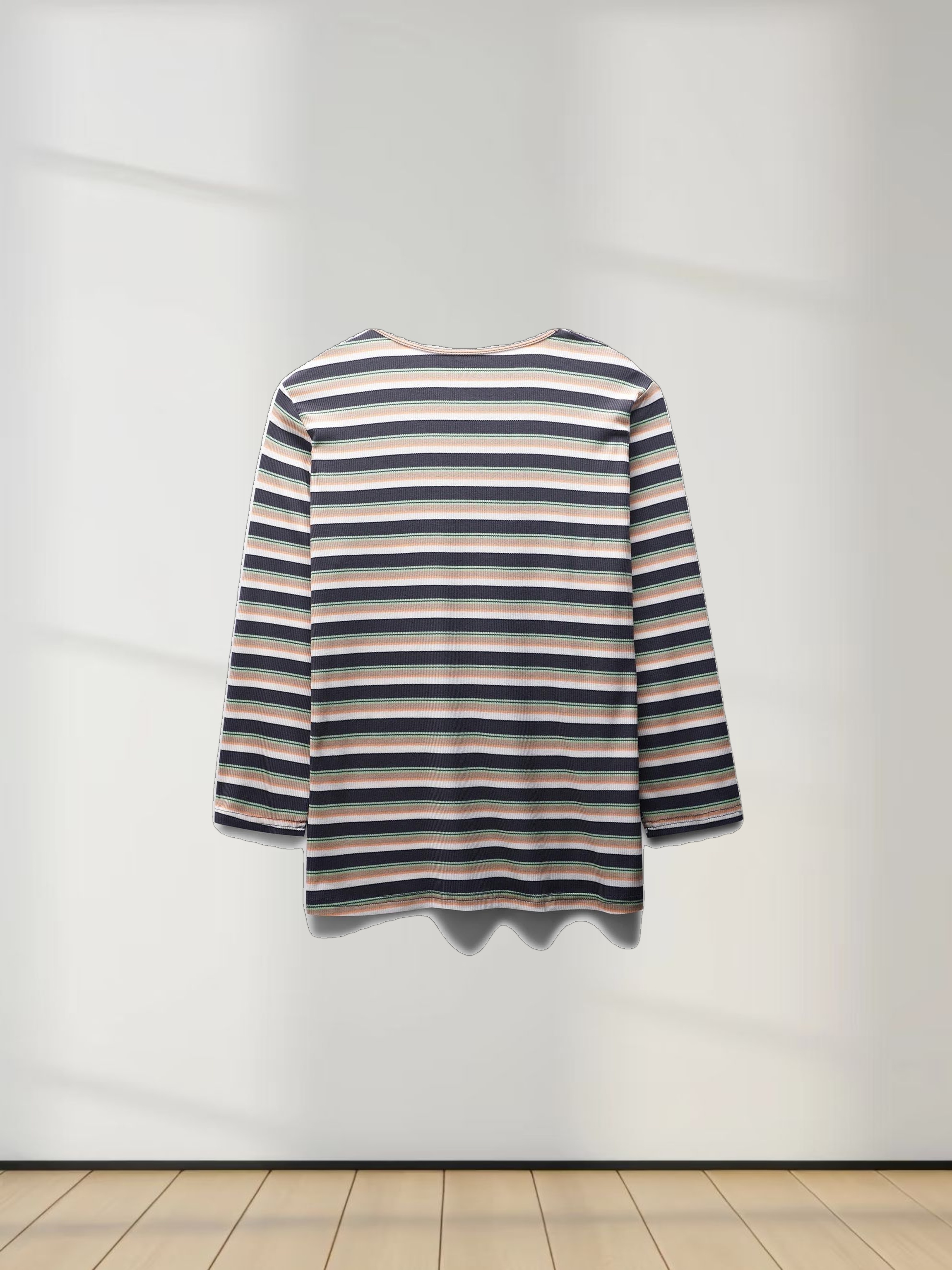 Ribbed Striped Crew 3/4 Sleeve-Brown/Ivory