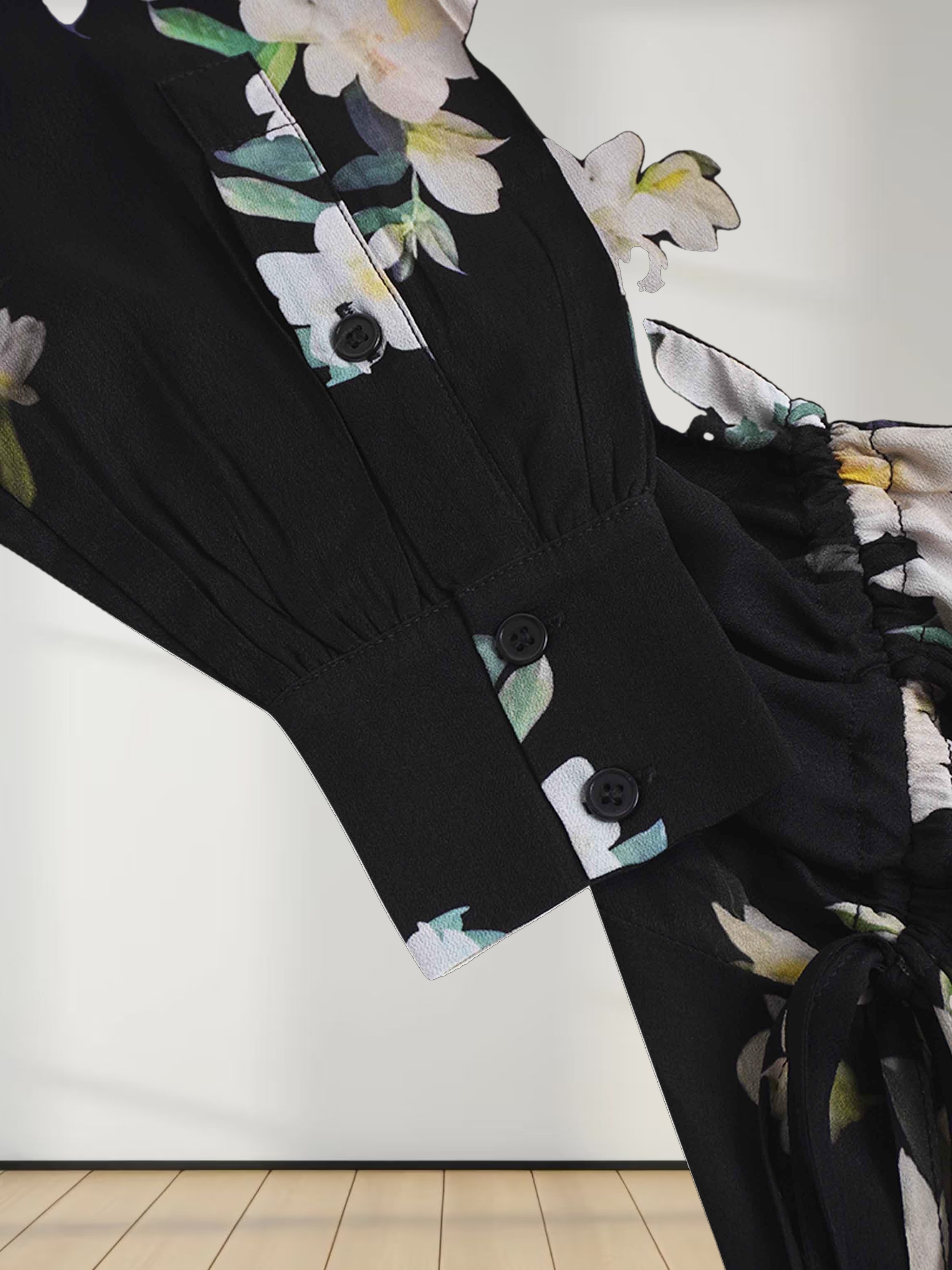 Printed Shirred Pocket Dress-Black and White Floral