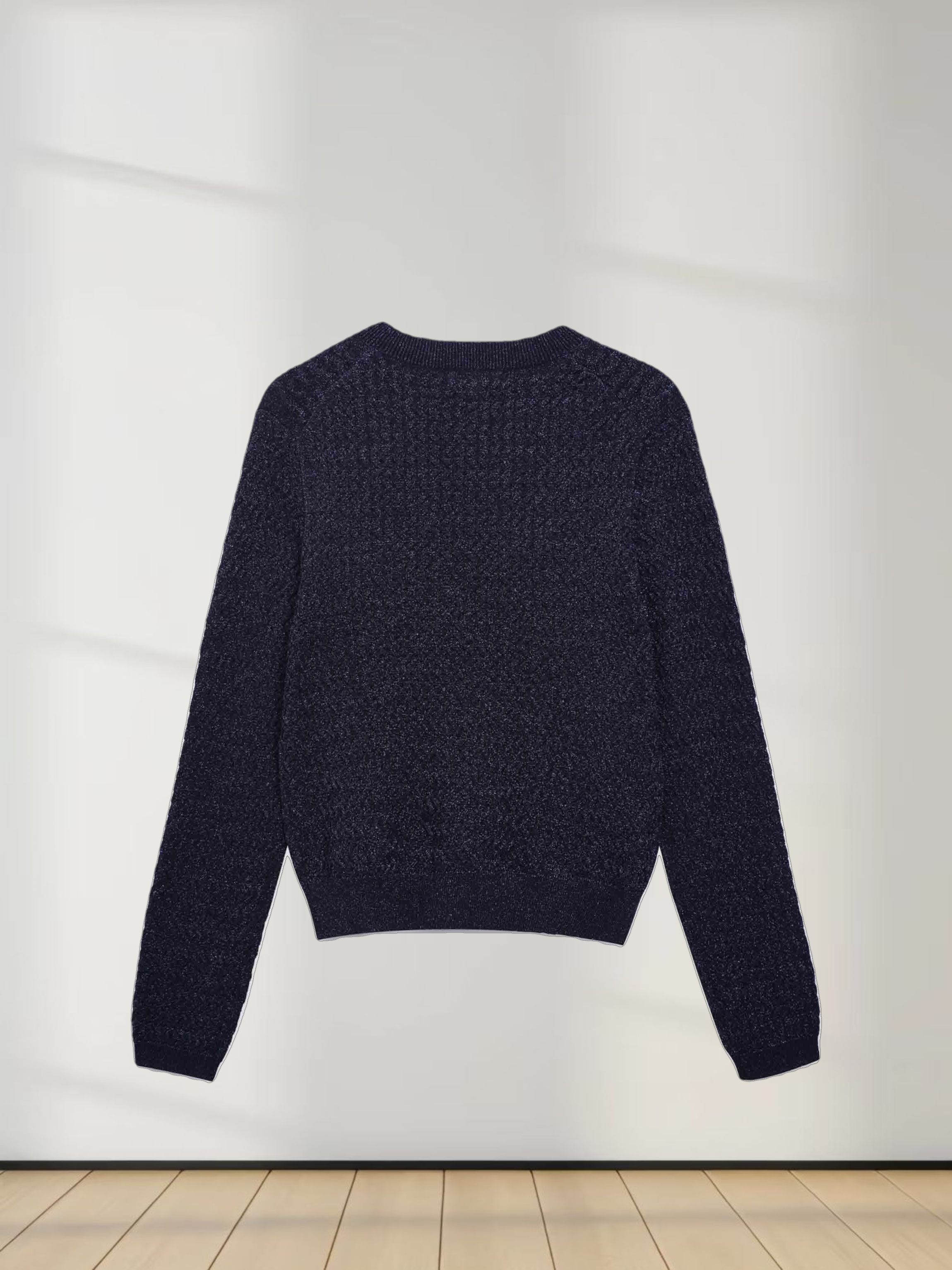 Textured Lurex Crew Sweater-Navy