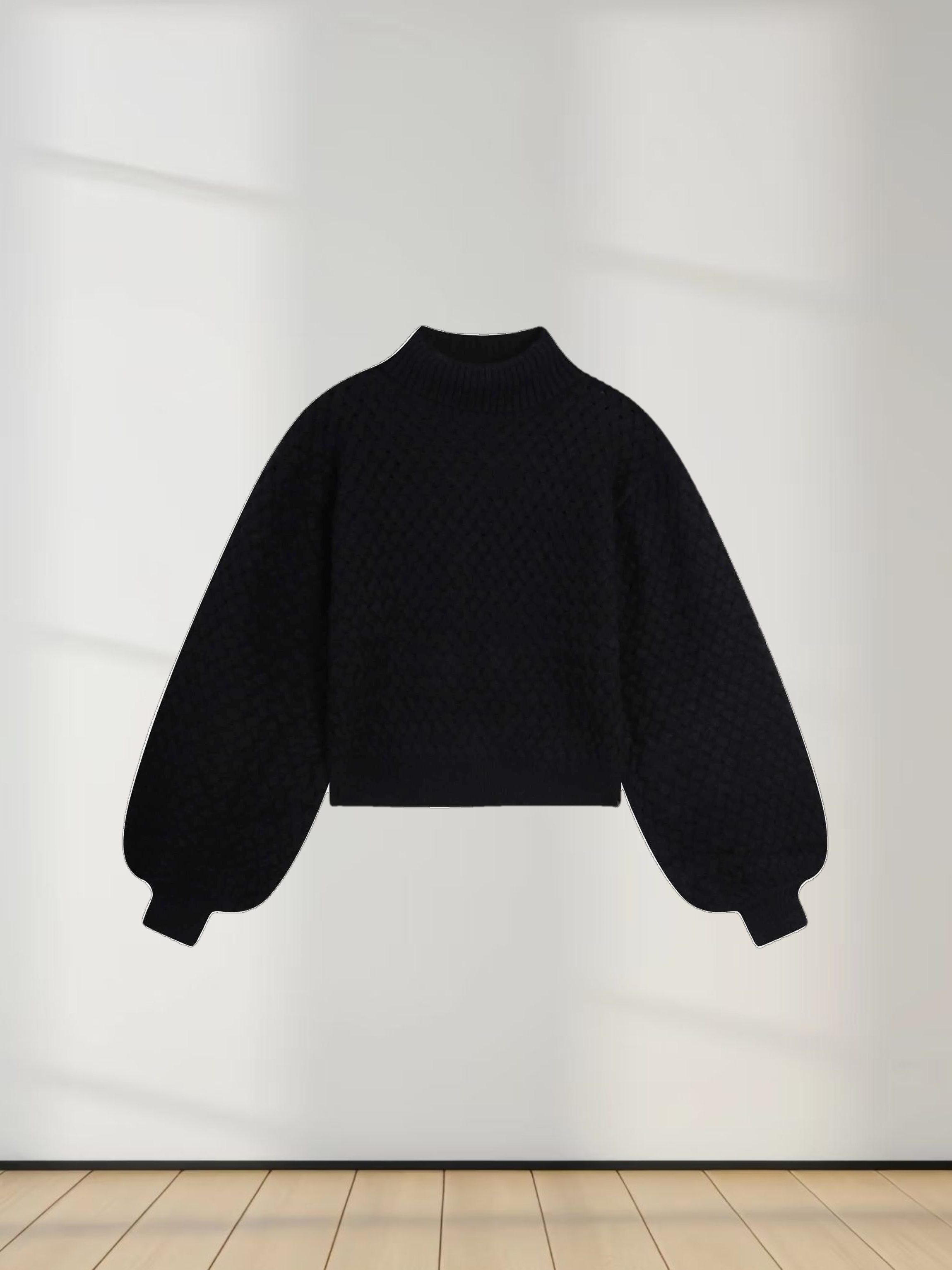 Basketweave Turtleneck Sweater-Black