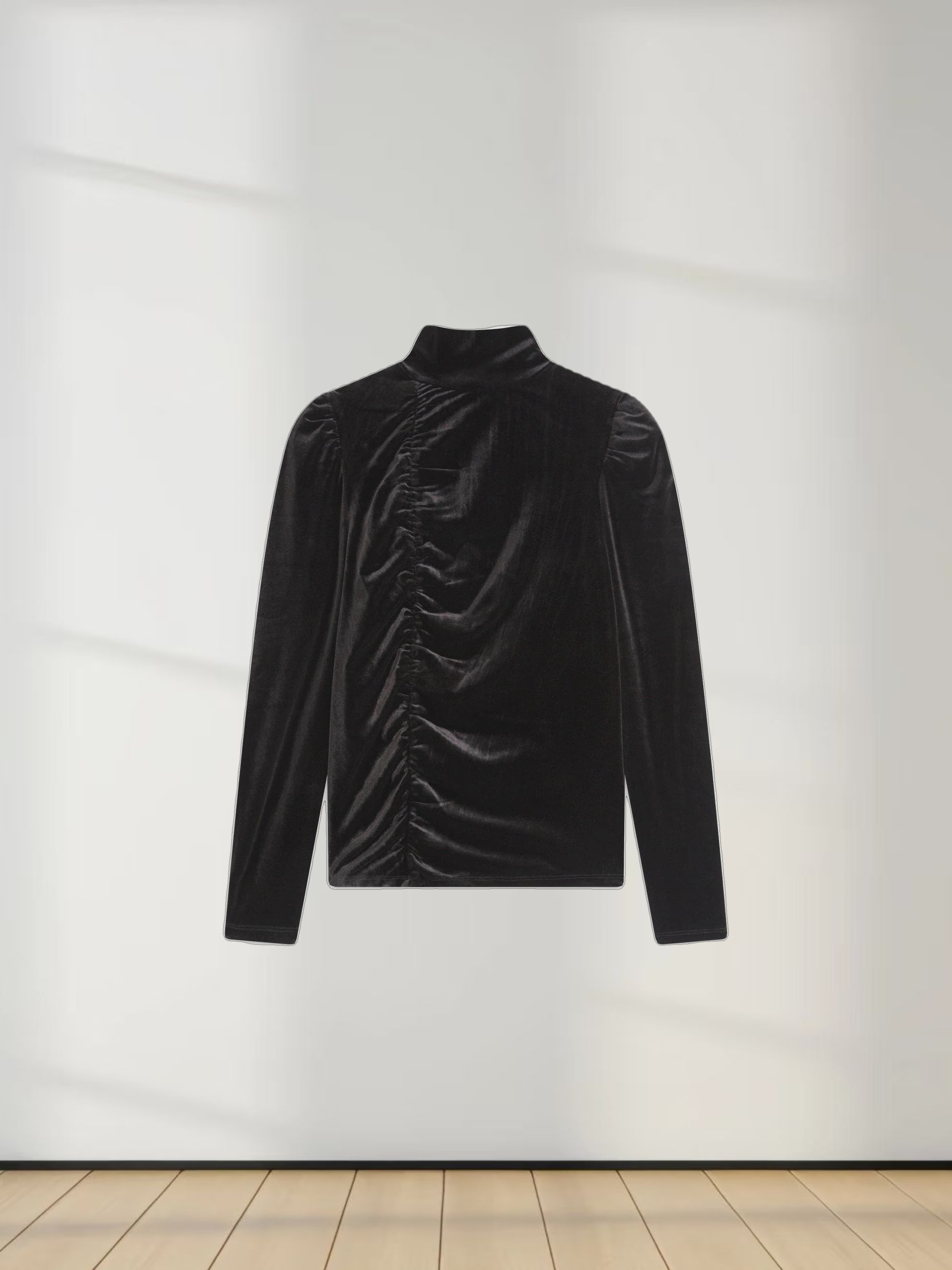 Side Ruched Velour Turtleneck-Black