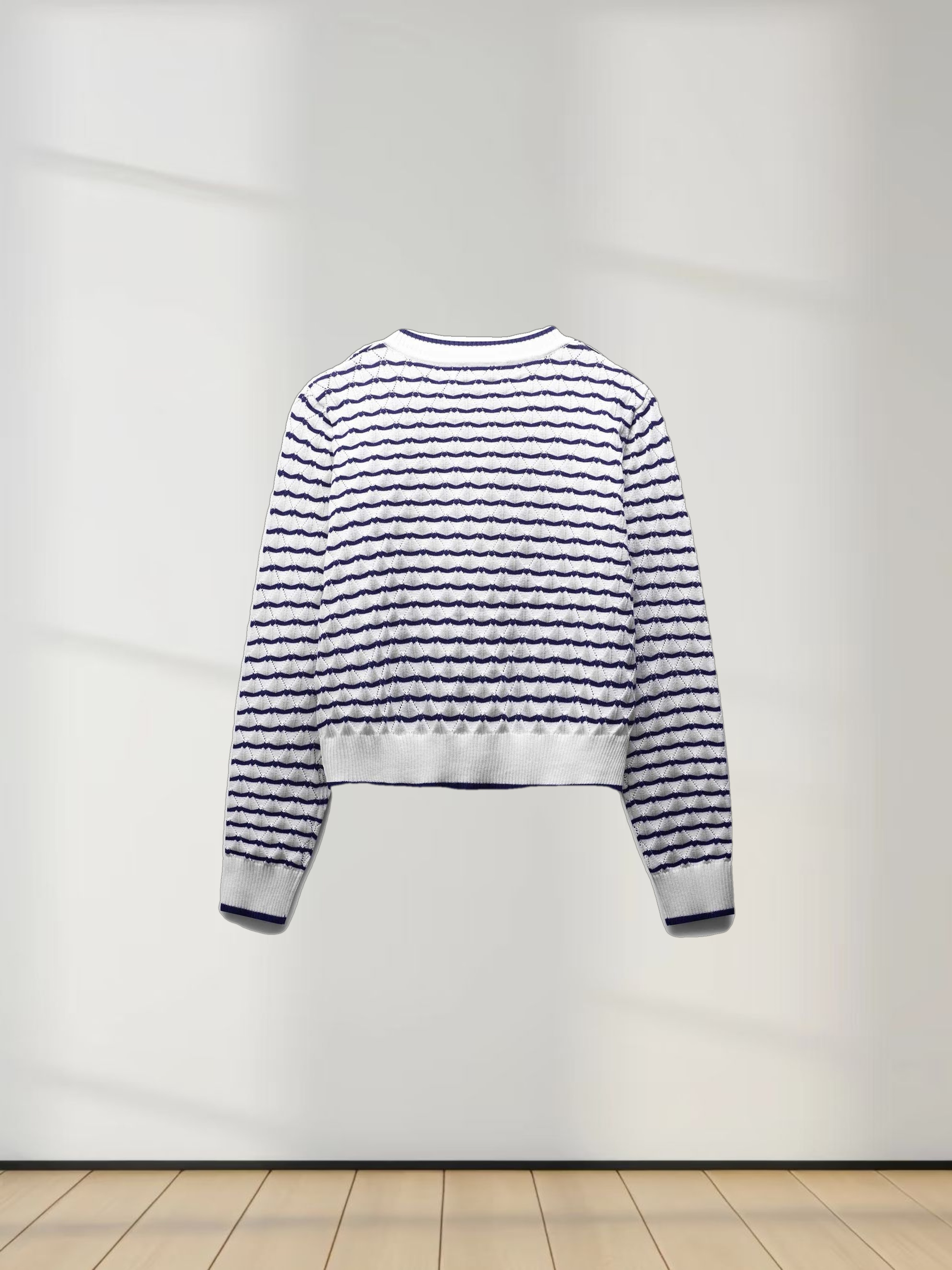 Striped Pointelle Cardigan-Ivory/Navy