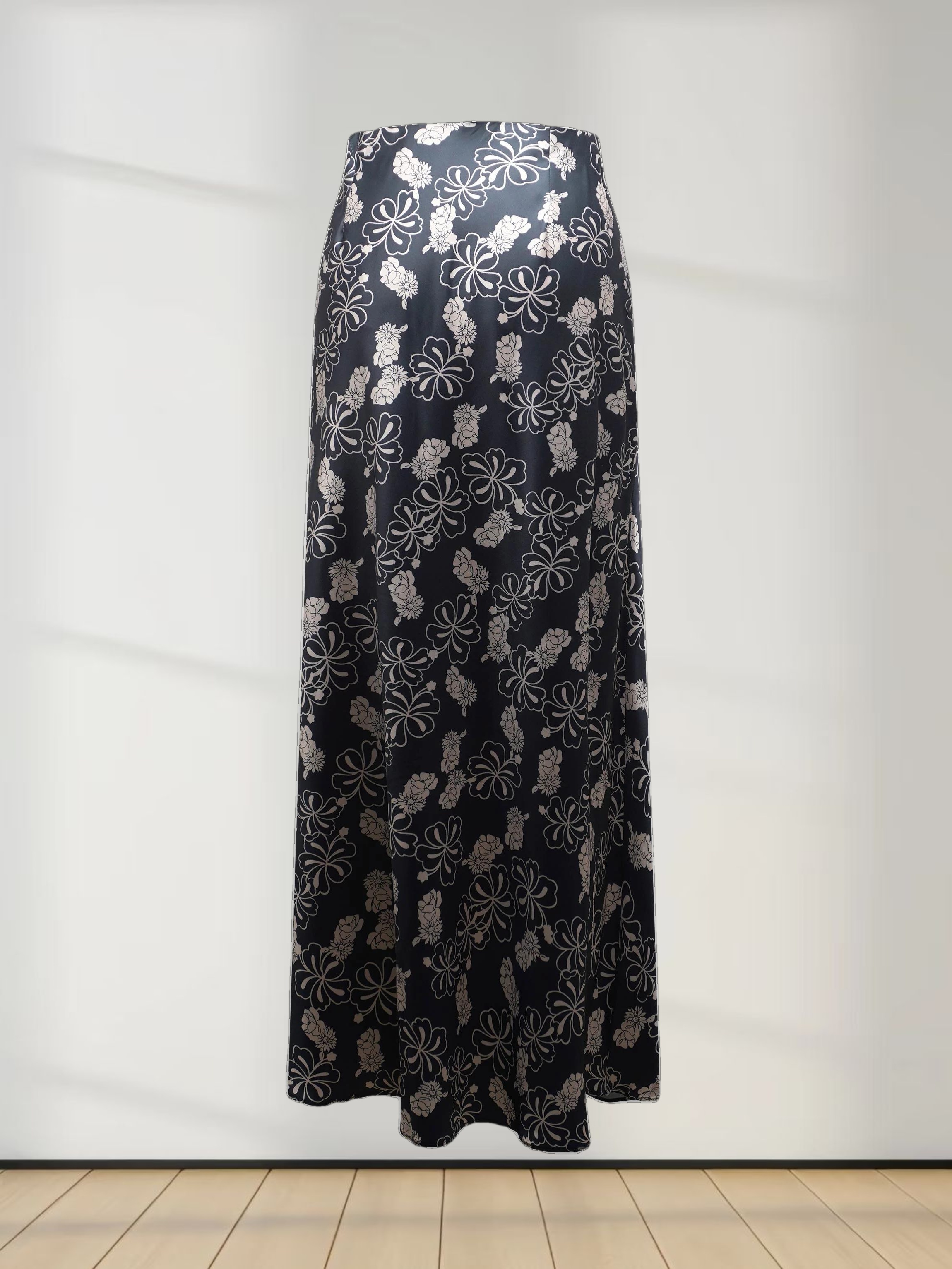 Printed Faux Satin Slip Skirt-Navy/Taupe Floral
