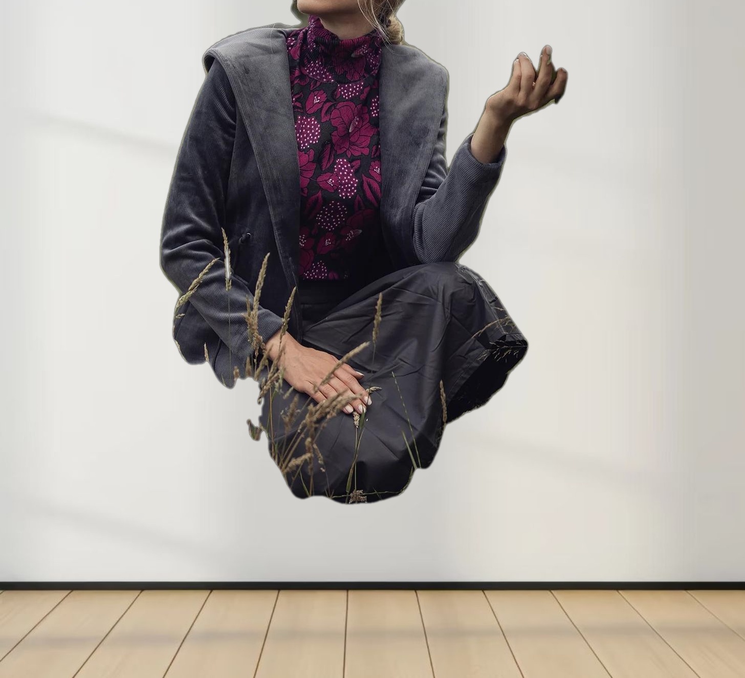 Thin Knit Turtleneck Sweater-Grey Pink Floral