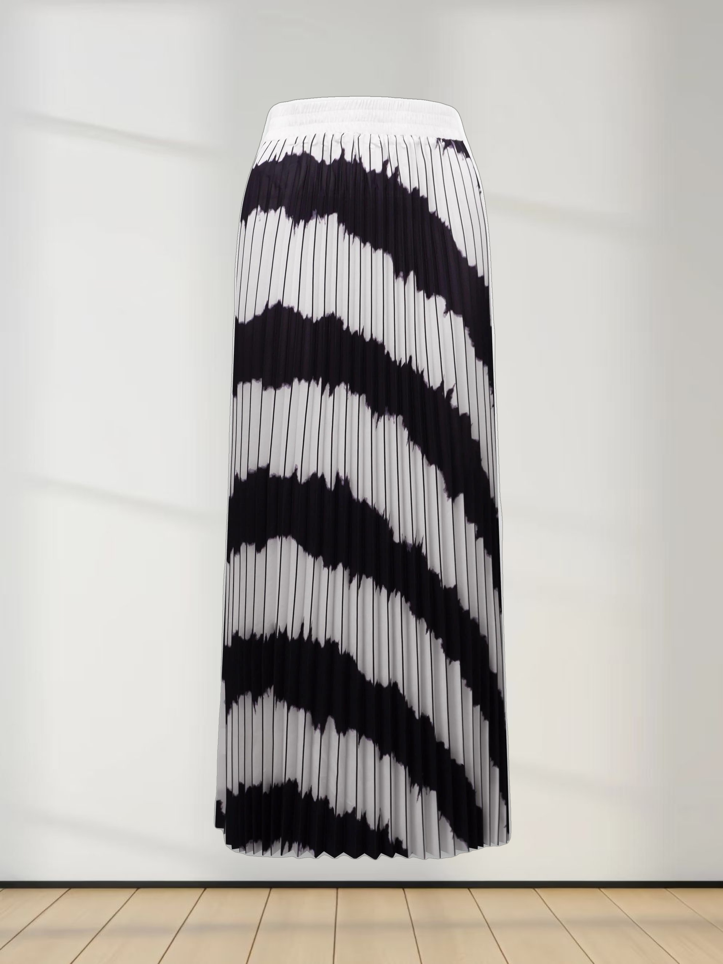 Elastic Waist Printed Pleated Skirt-Black White Ombre