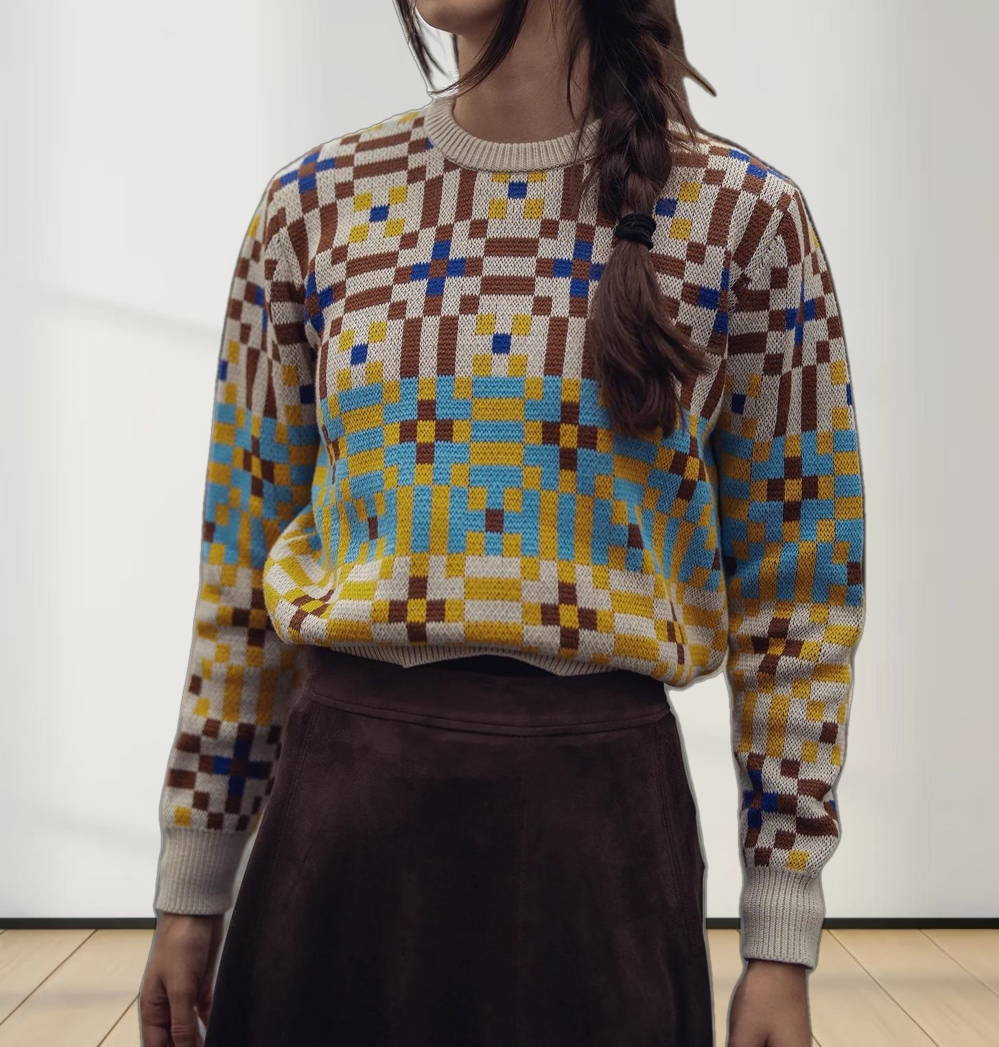 Geometric Design Sweater-Brown