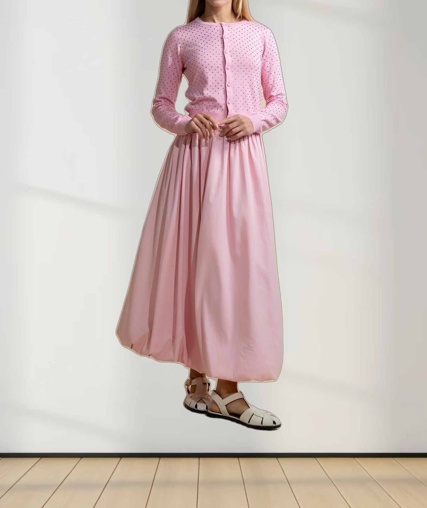 Stone Embellished Crew Cardigan-Pink