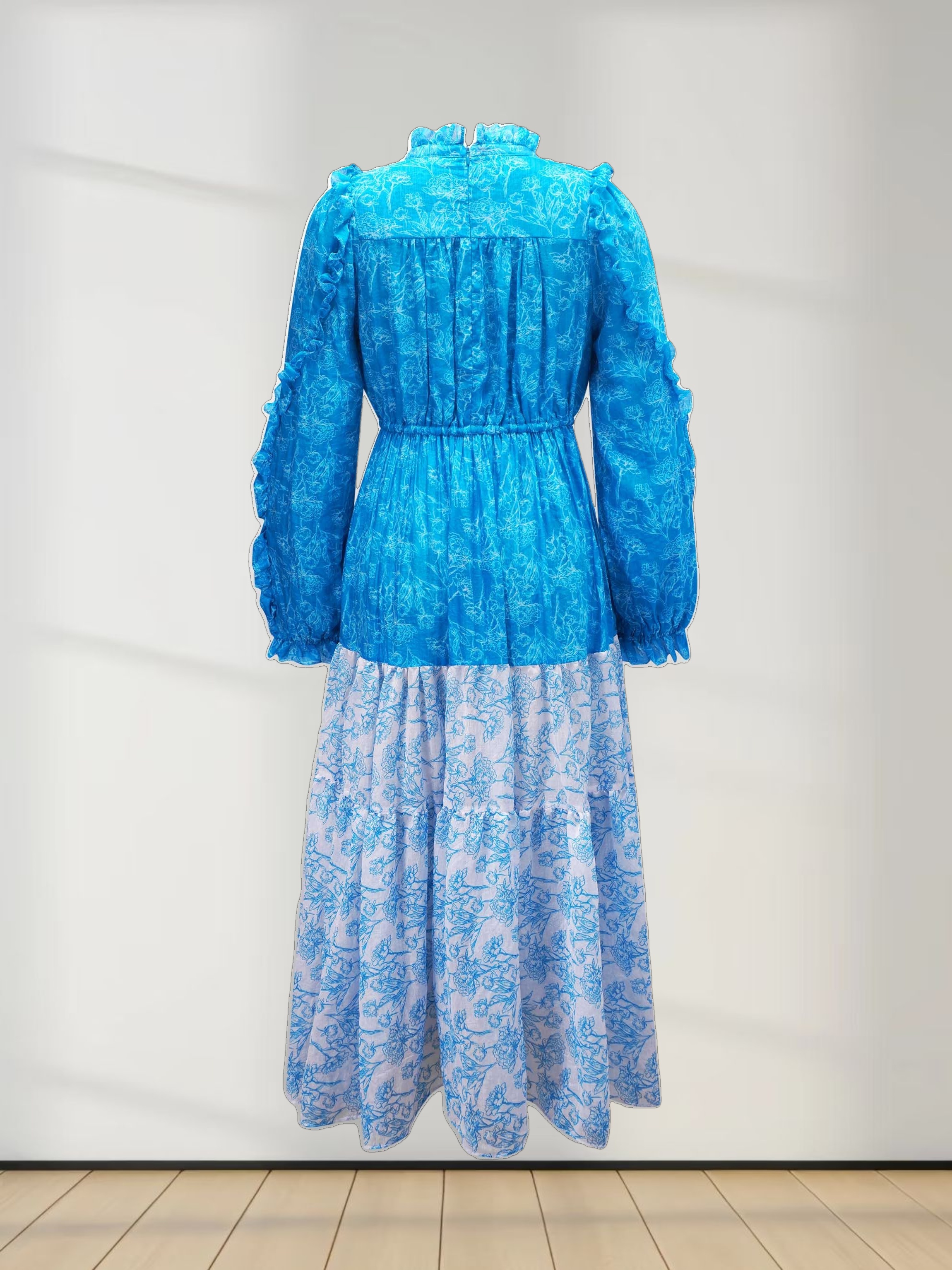 Ruffle Sleeve Two Tone Dress-Aqua Floral