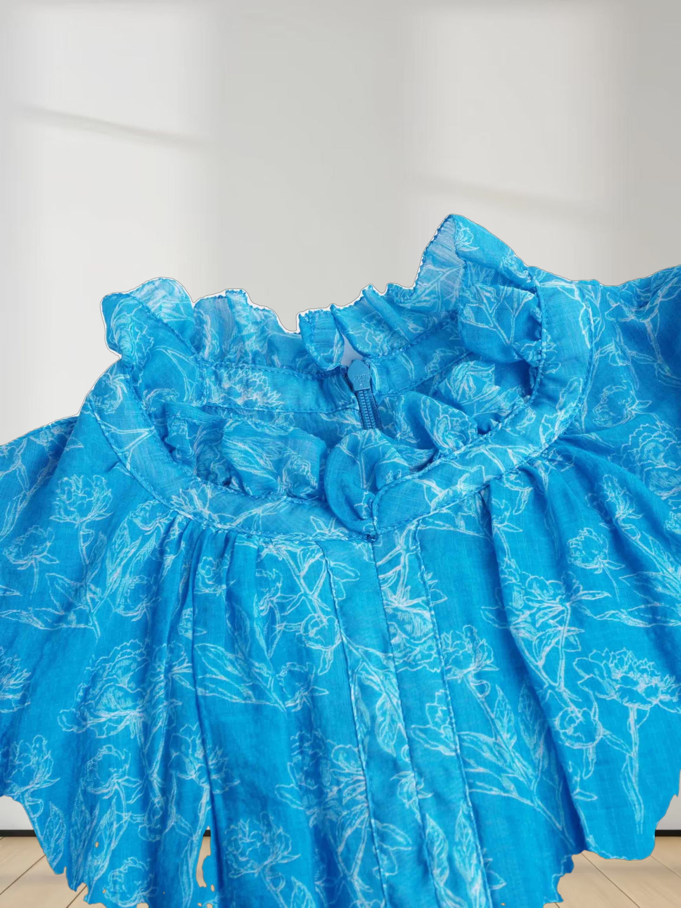 Ruffle Sleeve Two Tone Dress-Aqua Floral