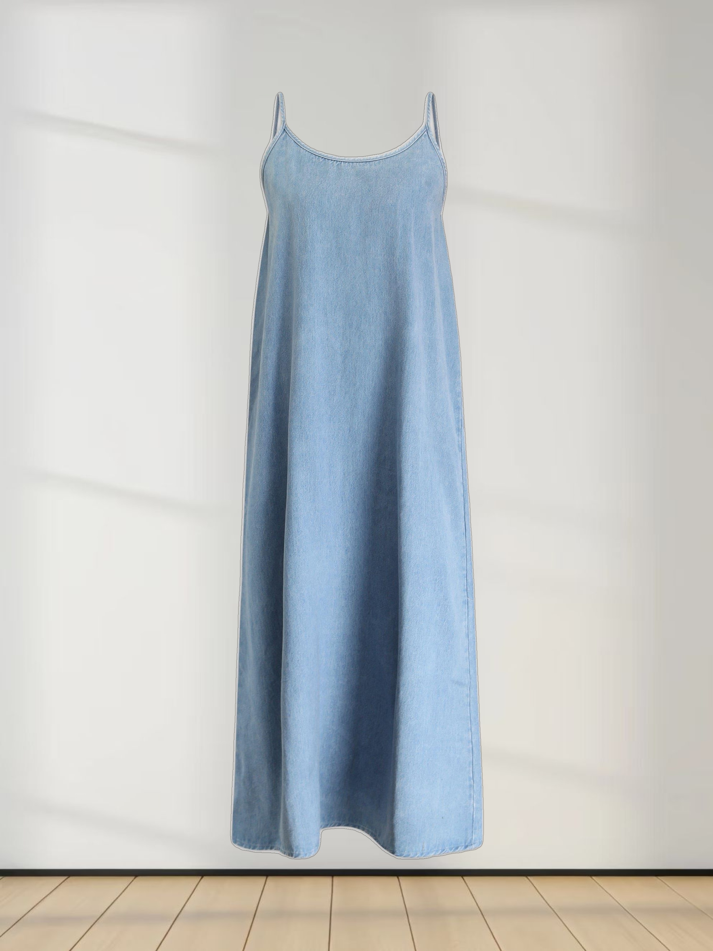 Solid Crew Neck Slip Dress-Light Blue Denim