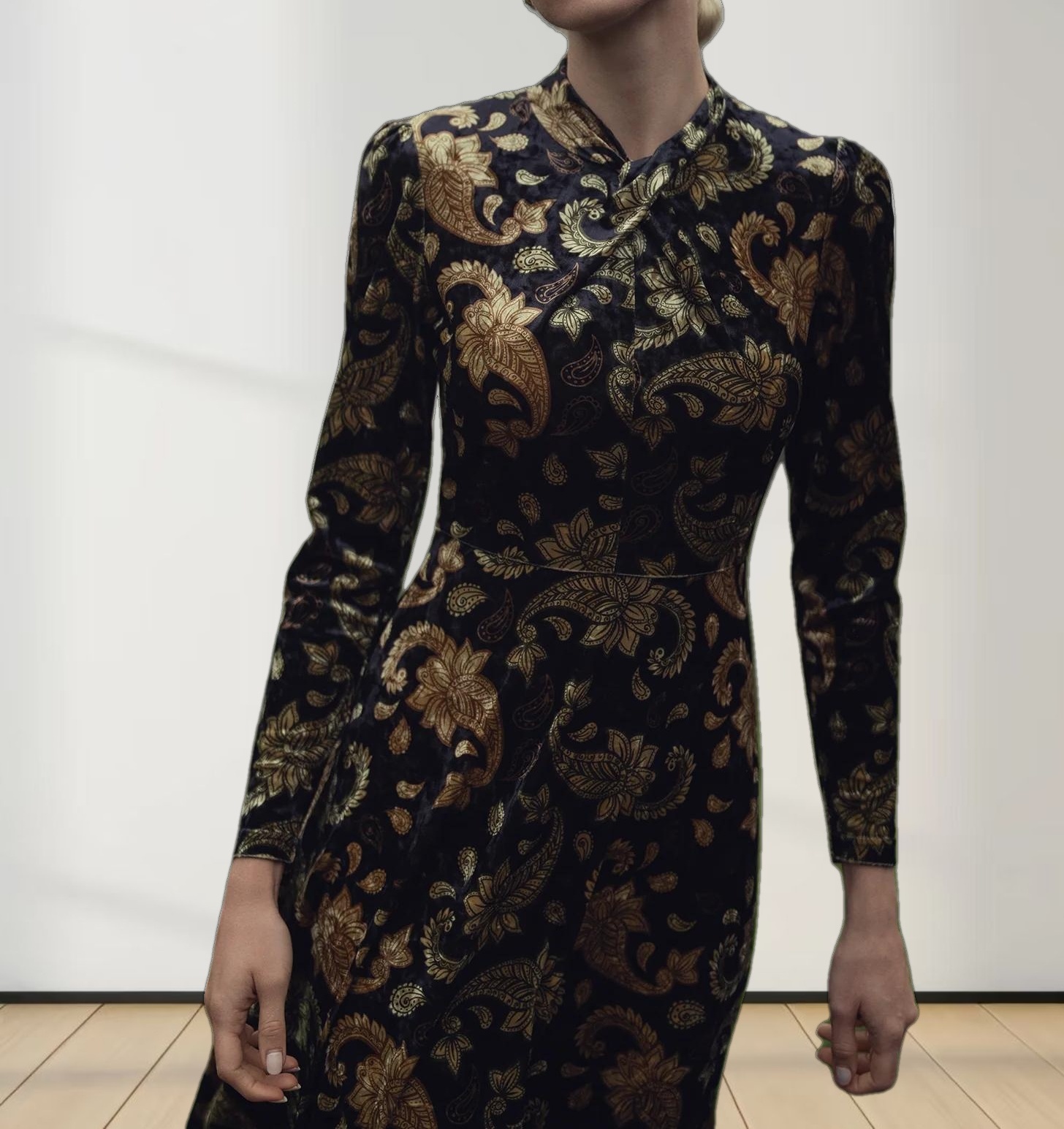 Velour Front Knot Maxi Dress-Gold Paisley