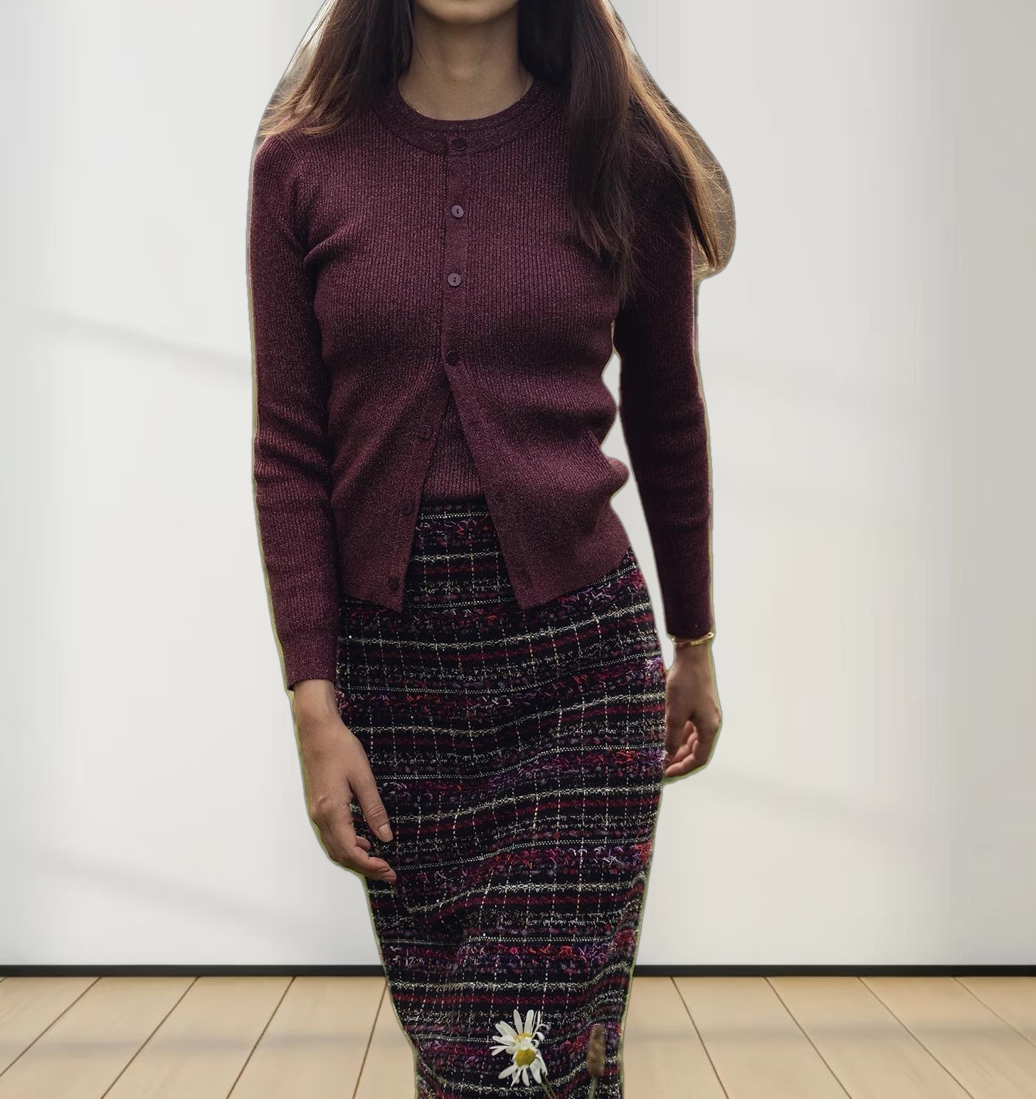 Lurex Ribbed Sweater-Heathered Burgundy