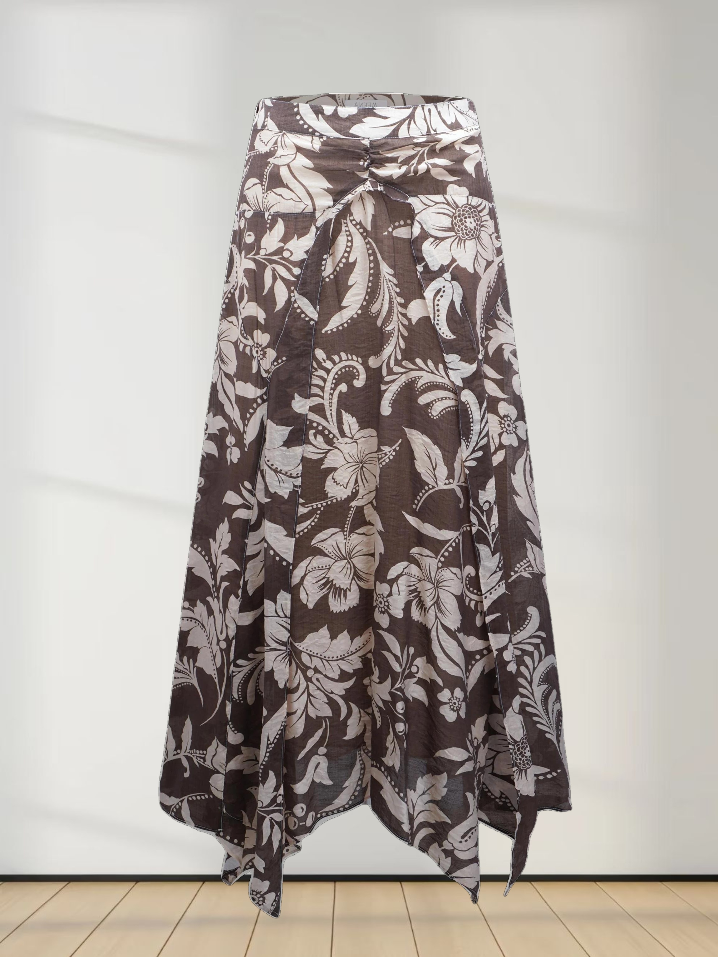 Asymmetrical Hem Ruffle Skirt-Brown Floral